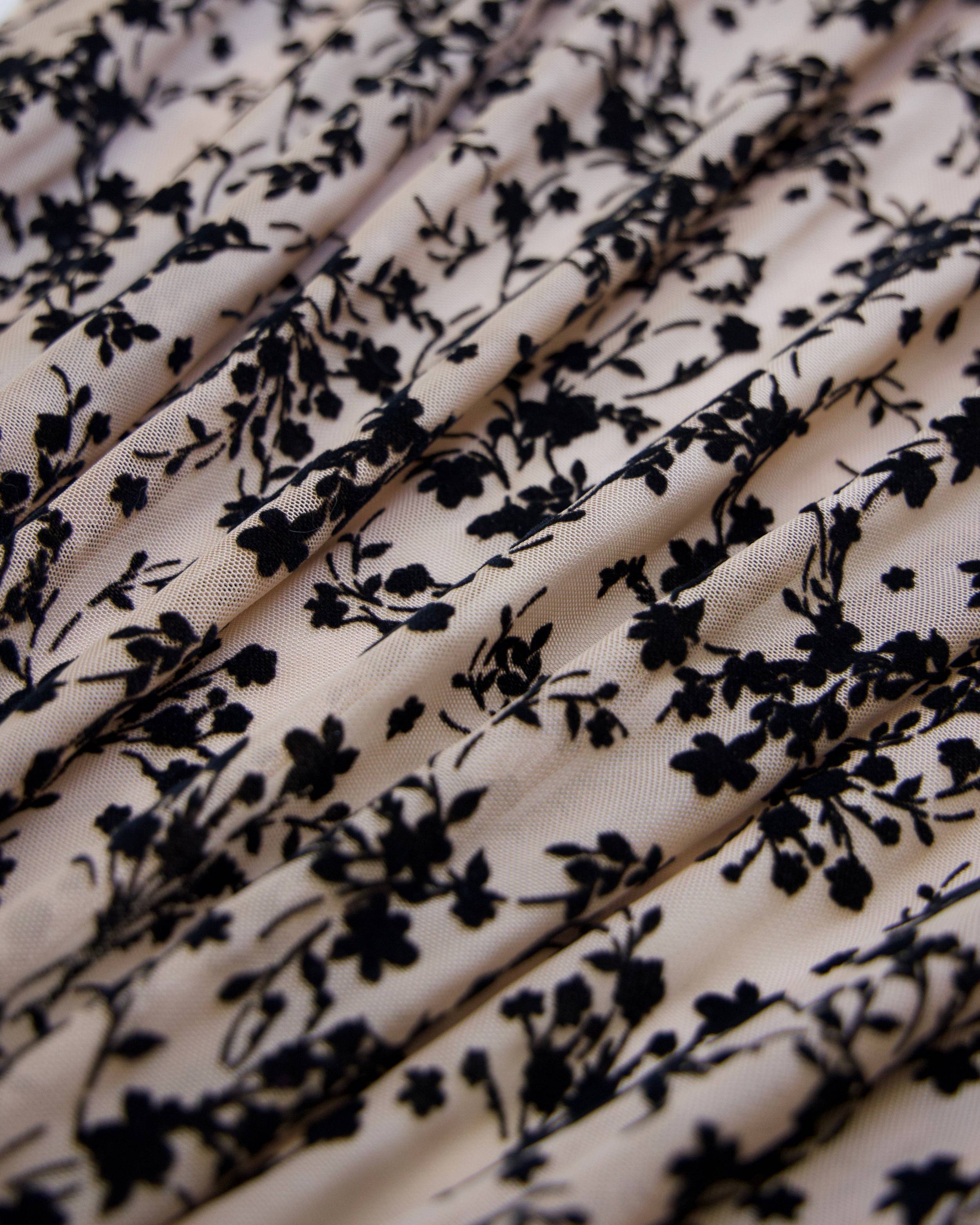 Black Velvet Flowers on Nude Mesh, Floral Mesh Fabric, Velvet Flower Fabric, Black Mesh Fabric, Embroidered Mesh Fabric, Sheer Floral Fabric, Velvet Embroidery Fabric