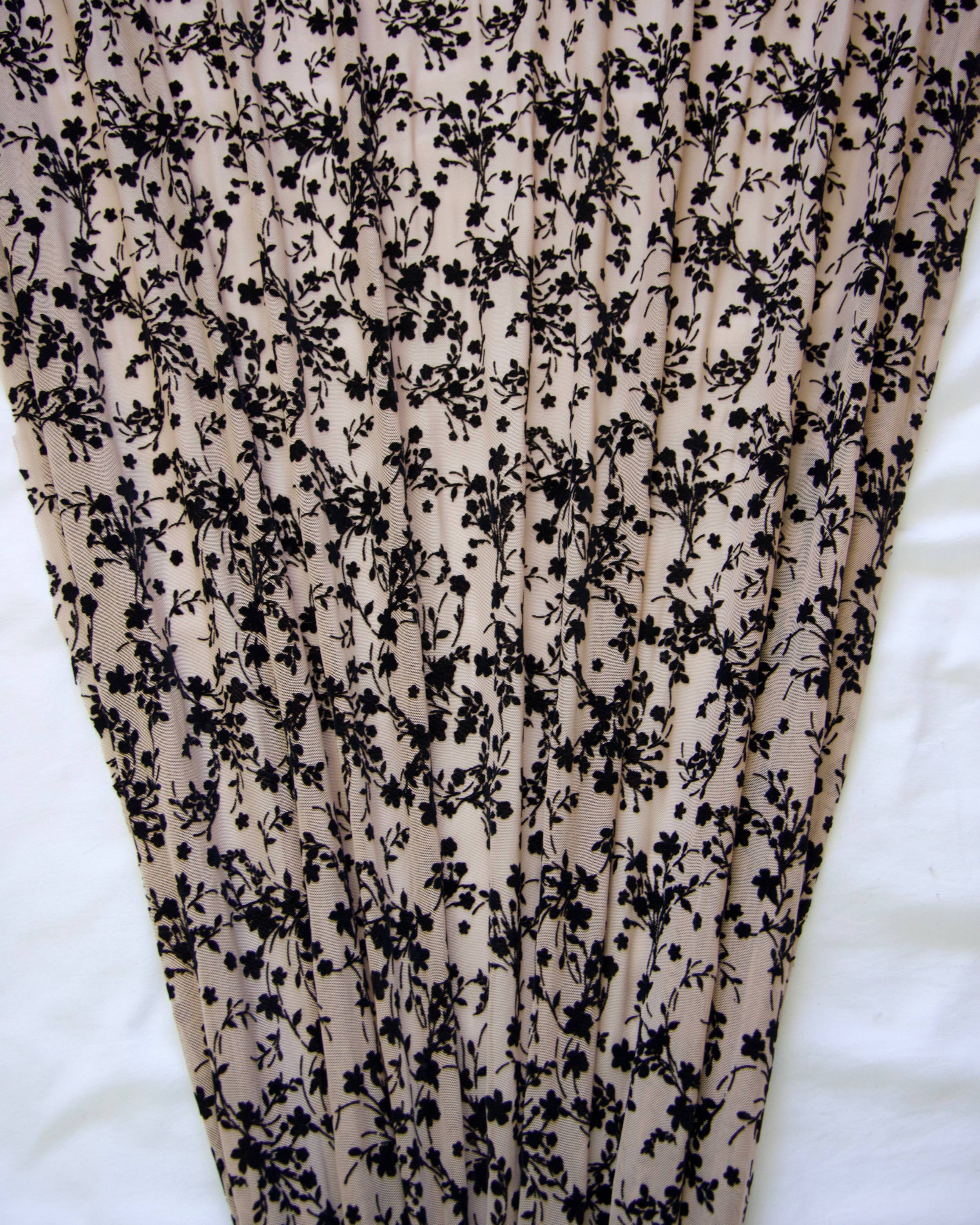 Black Velvet Flowers on Nude Mesh, Floral Mesh Fabric, Velvet Flower Fabric, Black Mesh Fabric, Embroidered Mesh Fabric, Sheer Floral Fabric, Velvet Embroidery Fabric