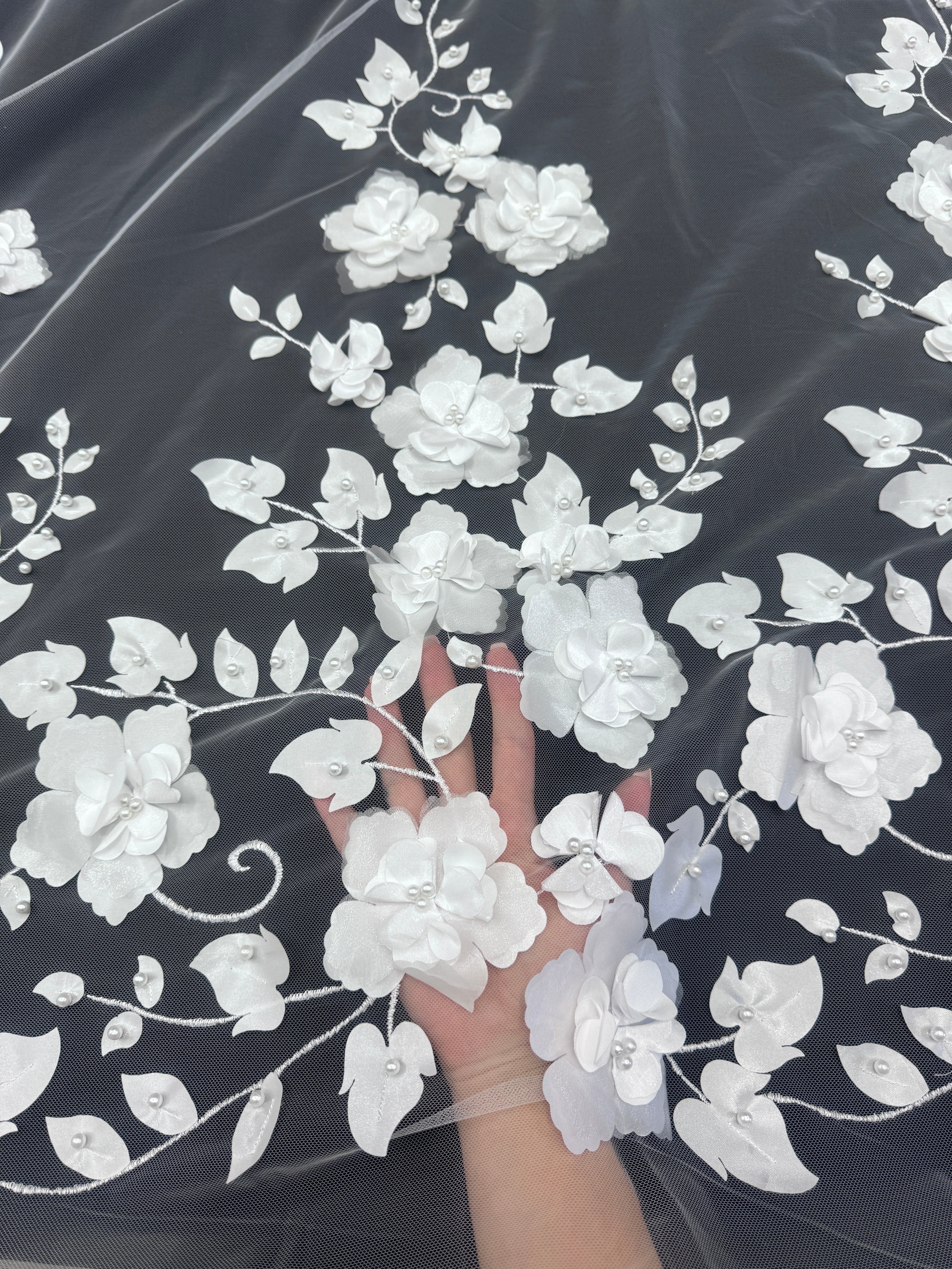 3d flowers with beads on white see through fabric 