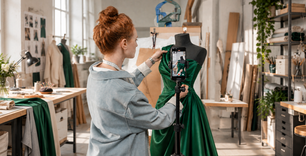 A creator filming an emerald dress in her sewing studio