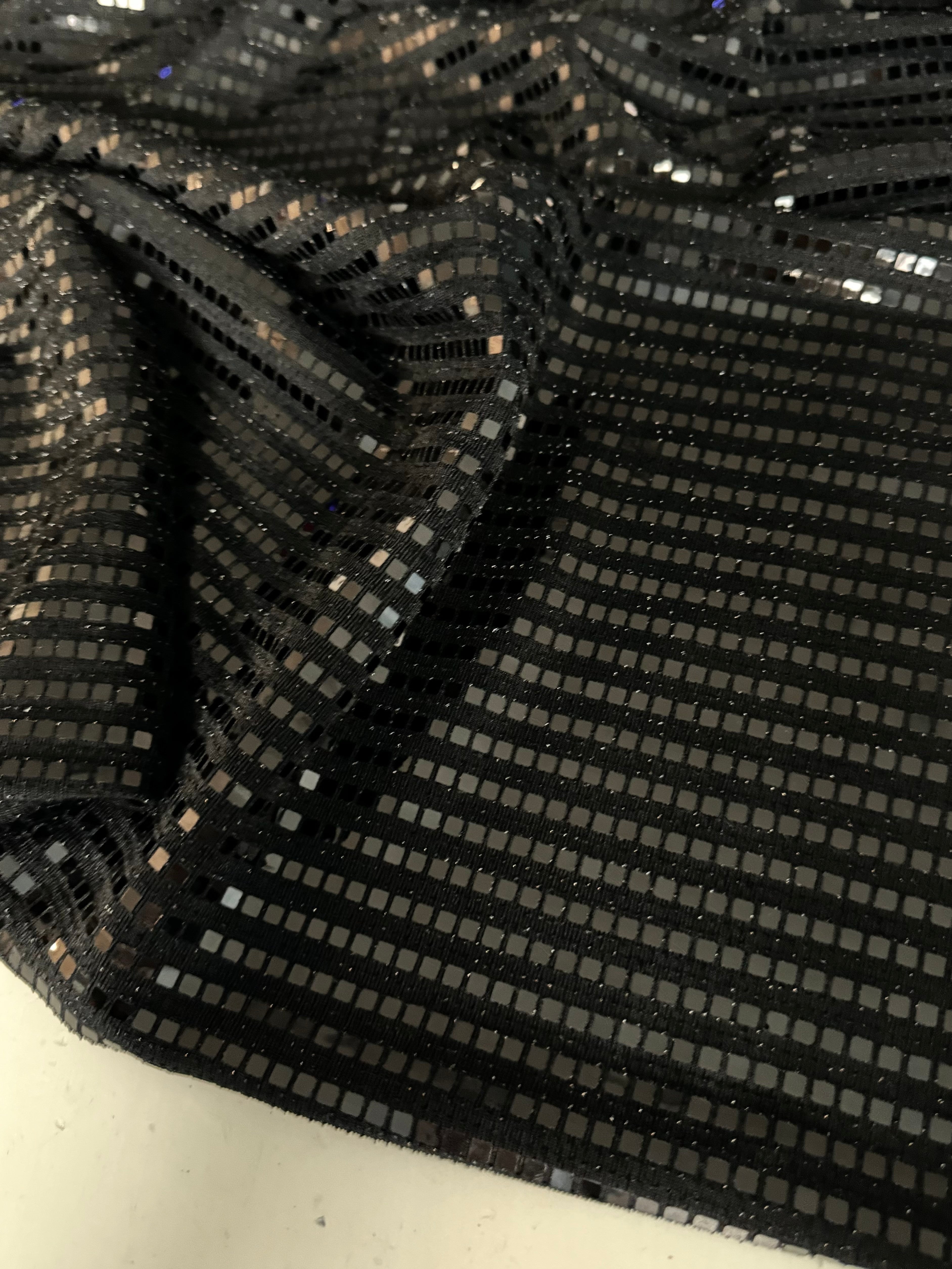 Black Foiled Mirror Sequins on Knit, black sequin on knit, black sequin, sequin on knit, mirror sequin on knit, foiled sequin on knit
