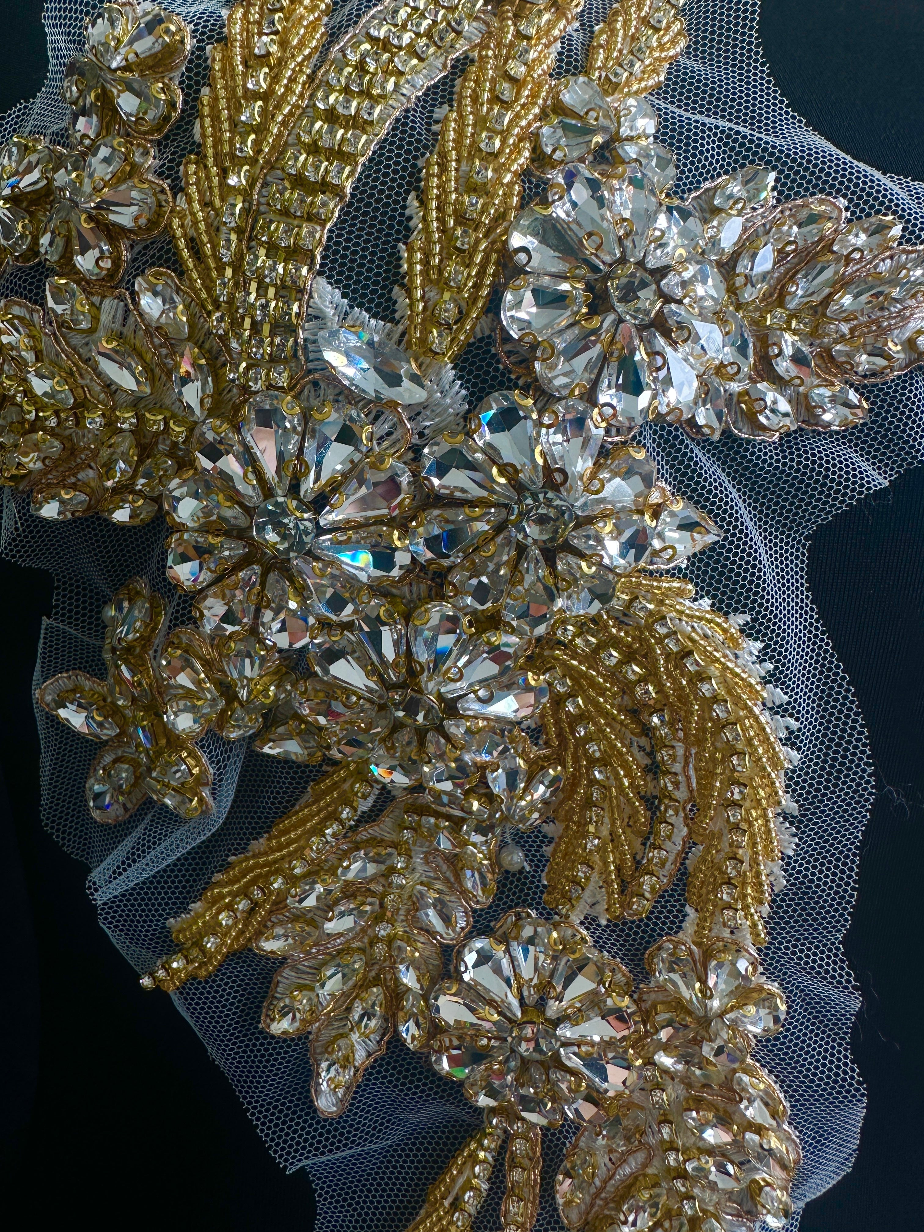 Gina Gold Rhinestone Applique, Embellished clothing, Rhinestone applications, Rhinestone embroidery, Rhinestone patch, Dress patch, Rhinestones for dress