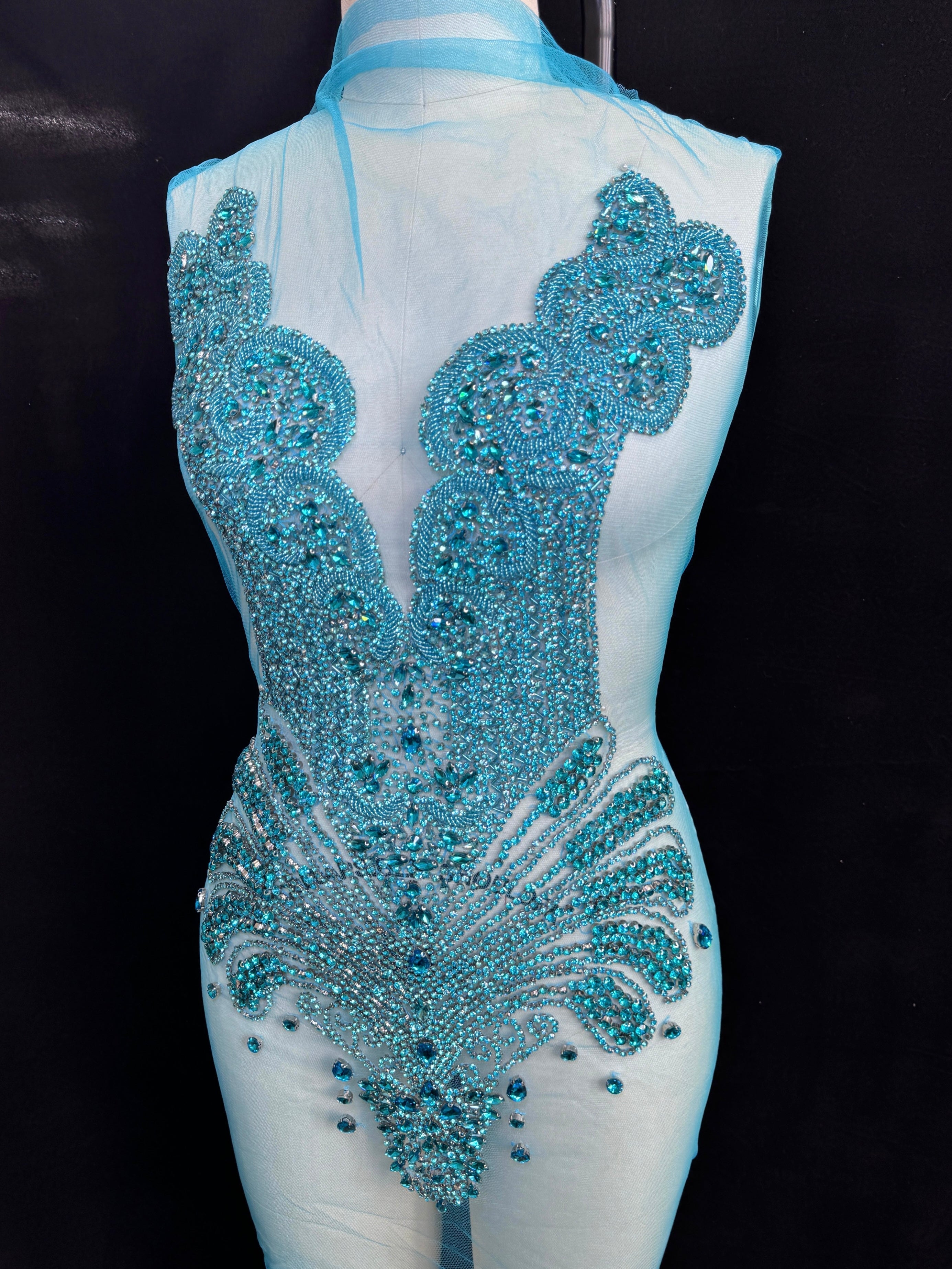 Giulia Turquoise Rhinestone Bodice Applique, blue rhinestone, dark blue rhinestone, light blue rhinestone,  