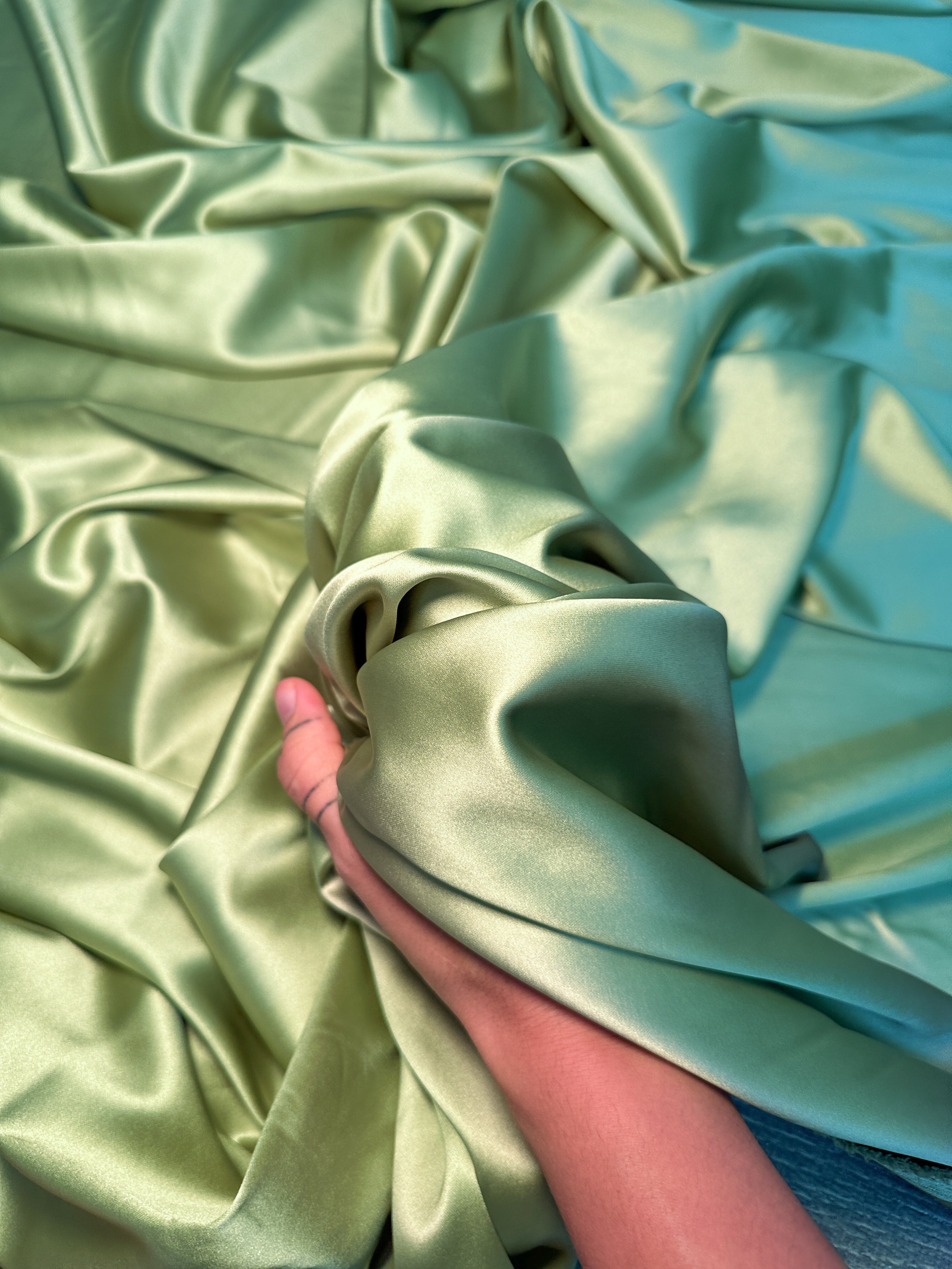  pistachio stretch crepe back satin, light green stretch crepe back satin, green stretch crepe back satin, premium stretch crepe back satin, satin for bride, satin for woman, satin in low price, cheap satin, satin on sale