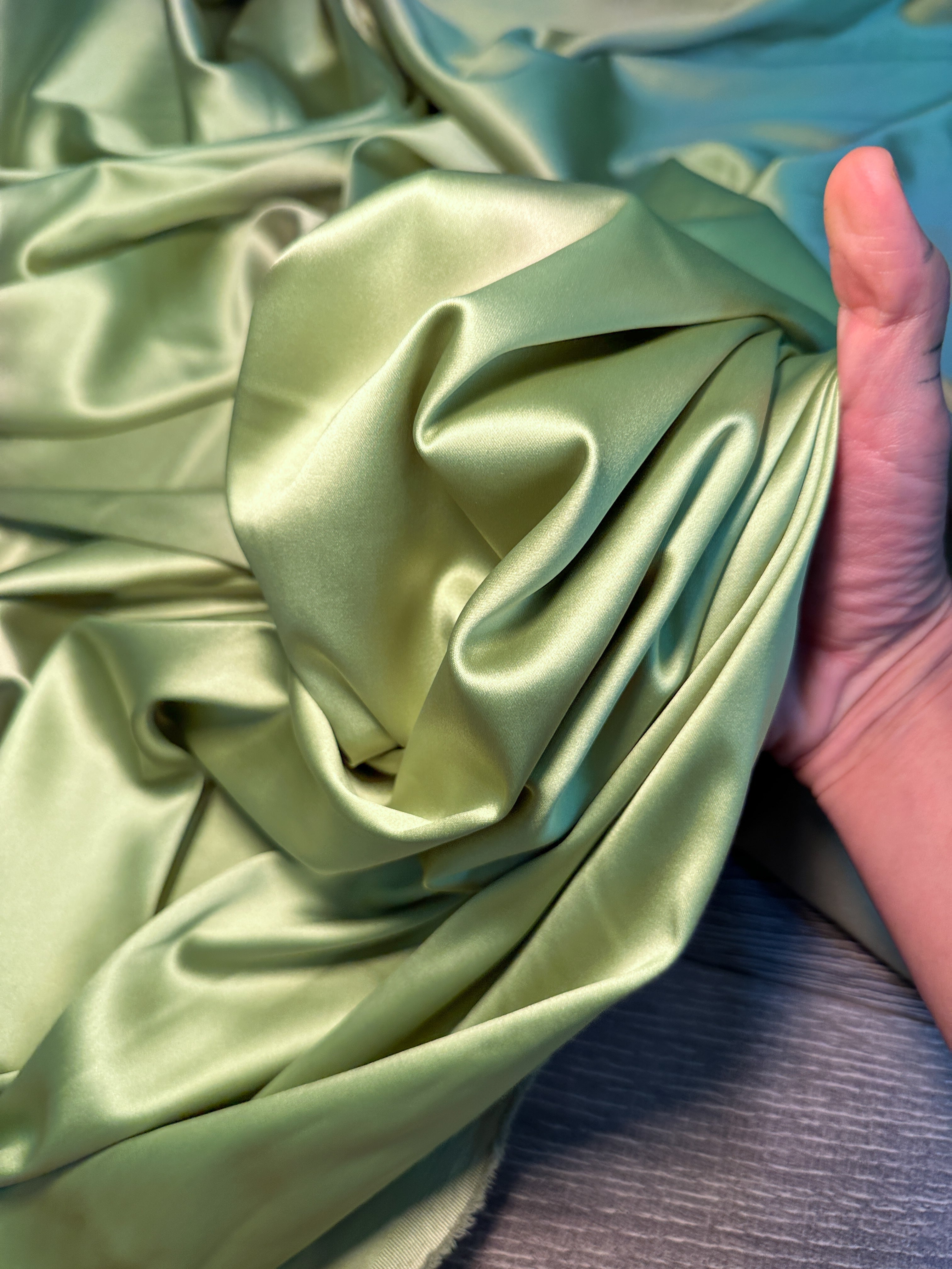  pistachio stretch crepe back satin, light green stretch crepe back satin, green stretch crepe back satin, premium stretch crepe back satin, satin for bride, satin for woman, satin in low price, cheap satin, satin on sale