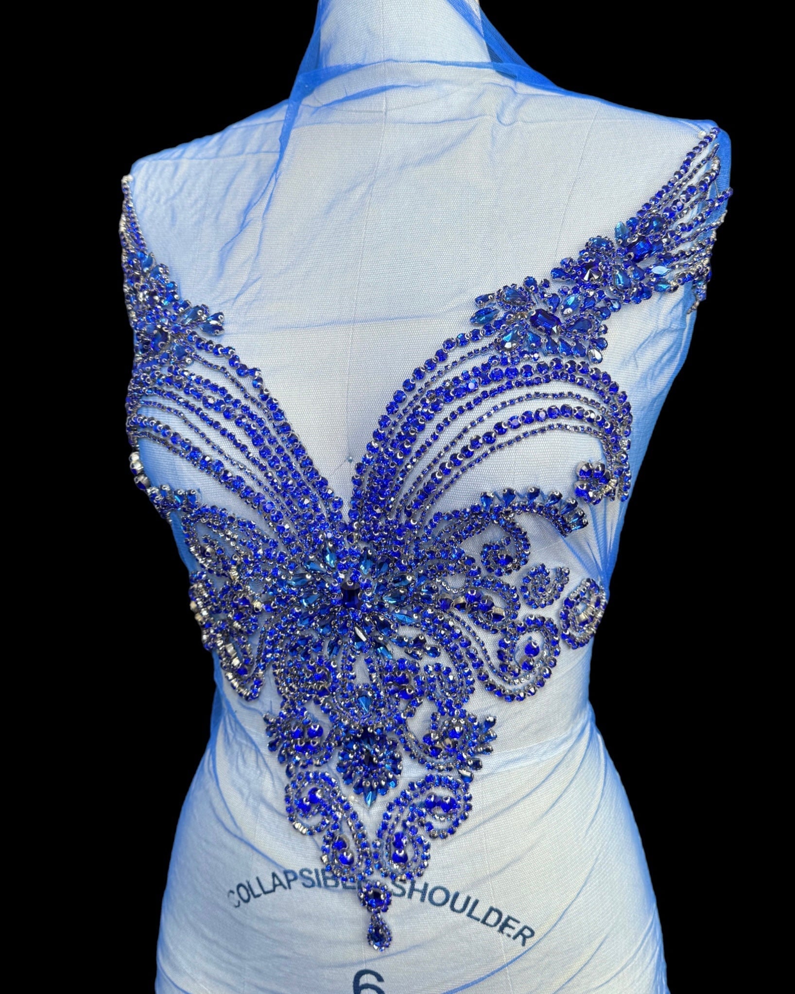 Amy Royal Blue Rhinestone Bodice Applique, blue rhinestone, dark blue rhinestone, light blue rhinestone,