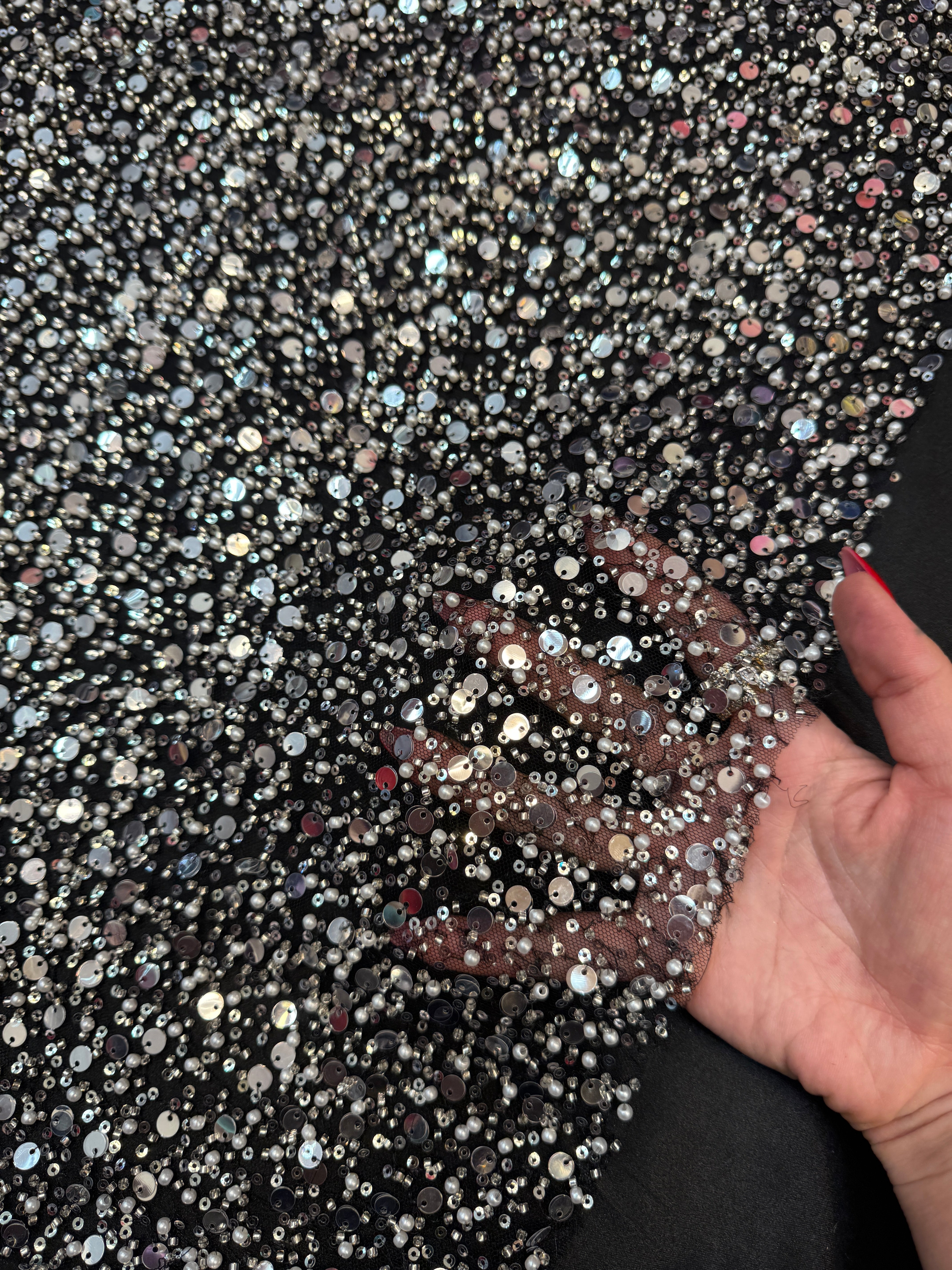 Silver Beaded Sequin Pearl Embroidered Mesh Lace, Kiki Sewing Store, Kiki Luxury Fabric, Cheap Fabric Store, Kiki Textiles, Kiki Textile by the Yard, Kiki Textile USA