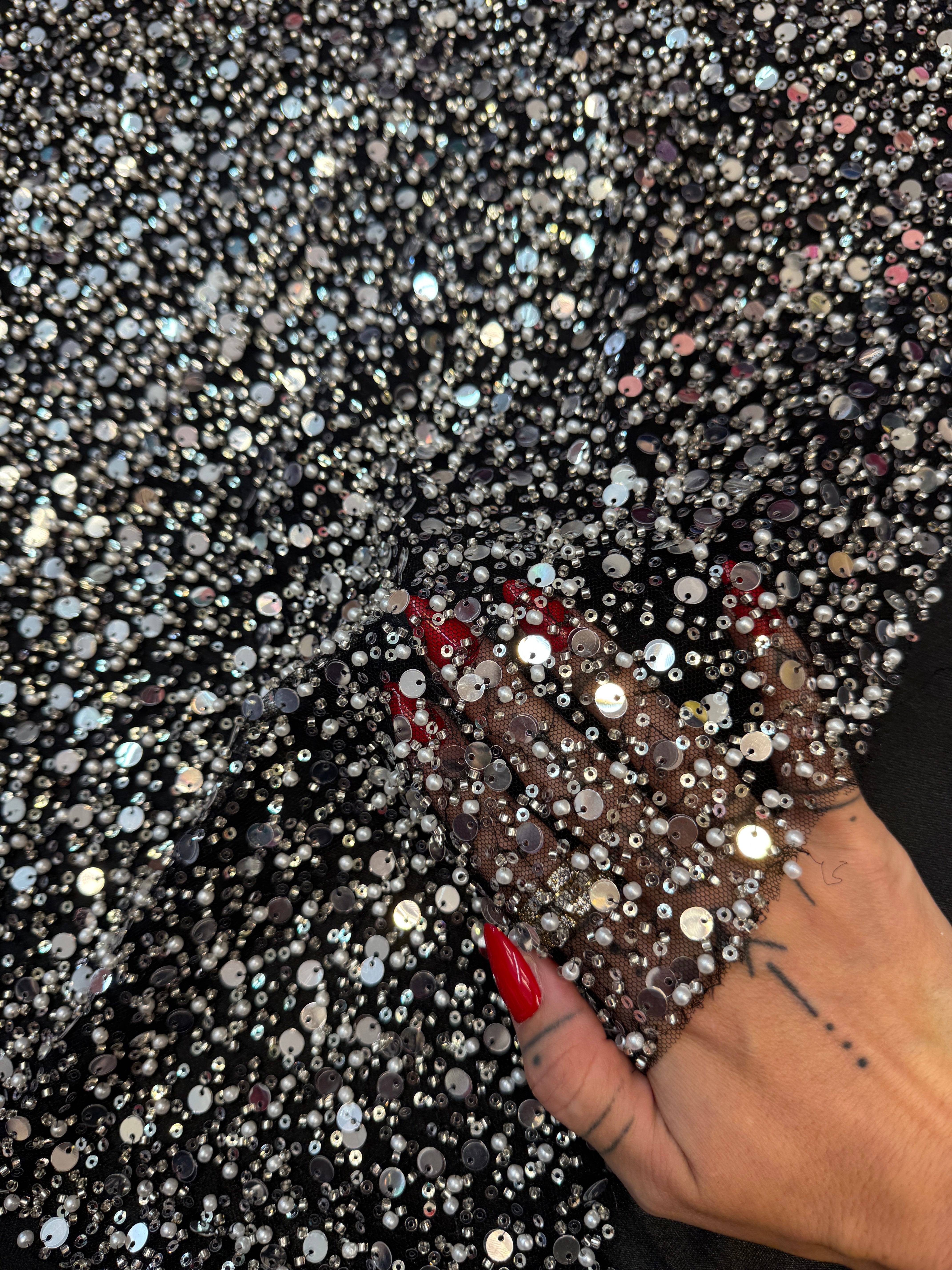 Silver Beaded Sequin Pearl Embroidered Mesh Lace, Kiki Sewing Store, Kiki Luxury Fabric, Cheap Fabric Store, Kiki Textiles, Kiki Textile by the Yard, Kiki Textile USA
