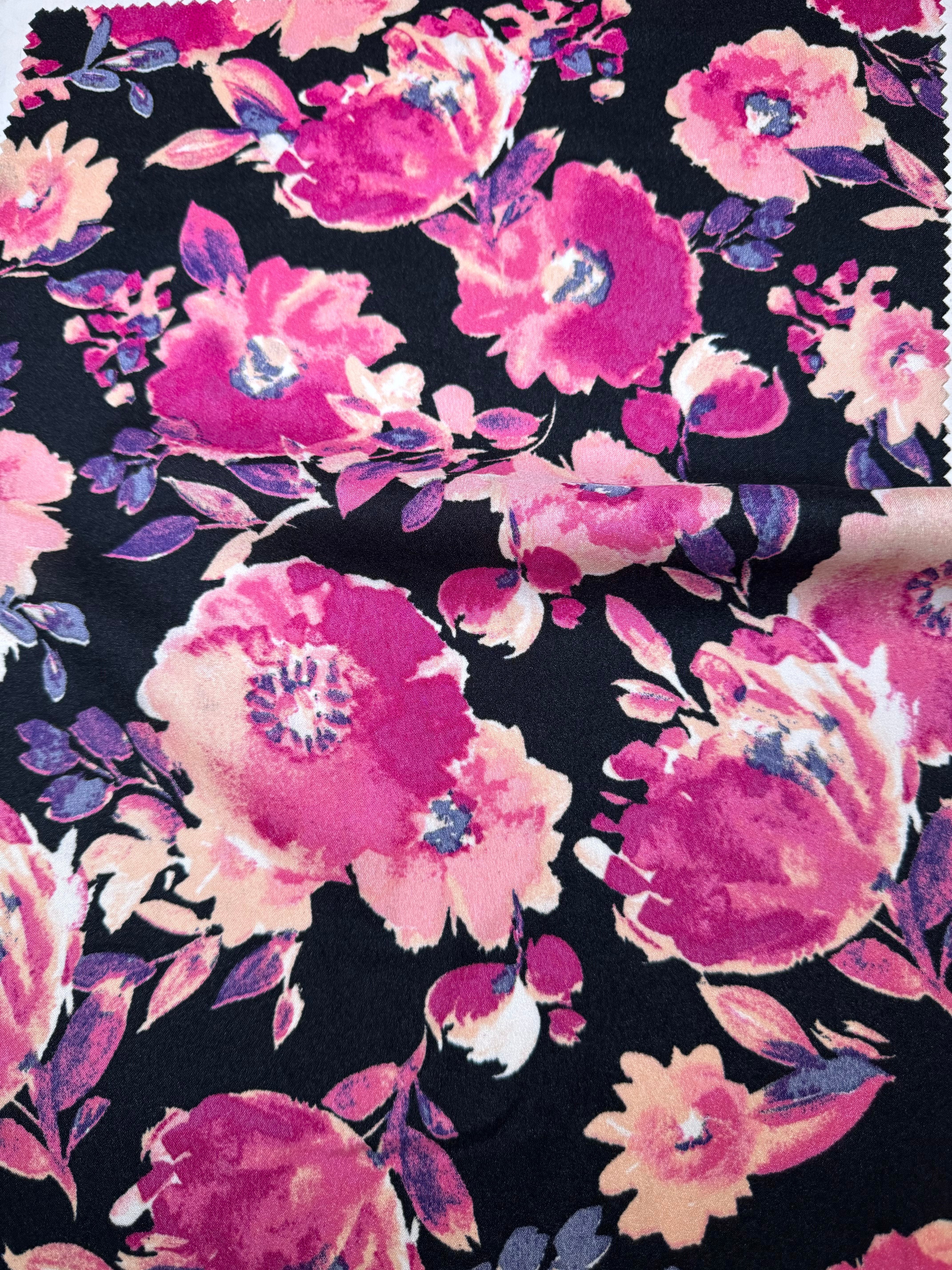 fuchsia black Floral Print Satin, floral print satin, printed satin, fuchsia print satin, black satin, pink satin