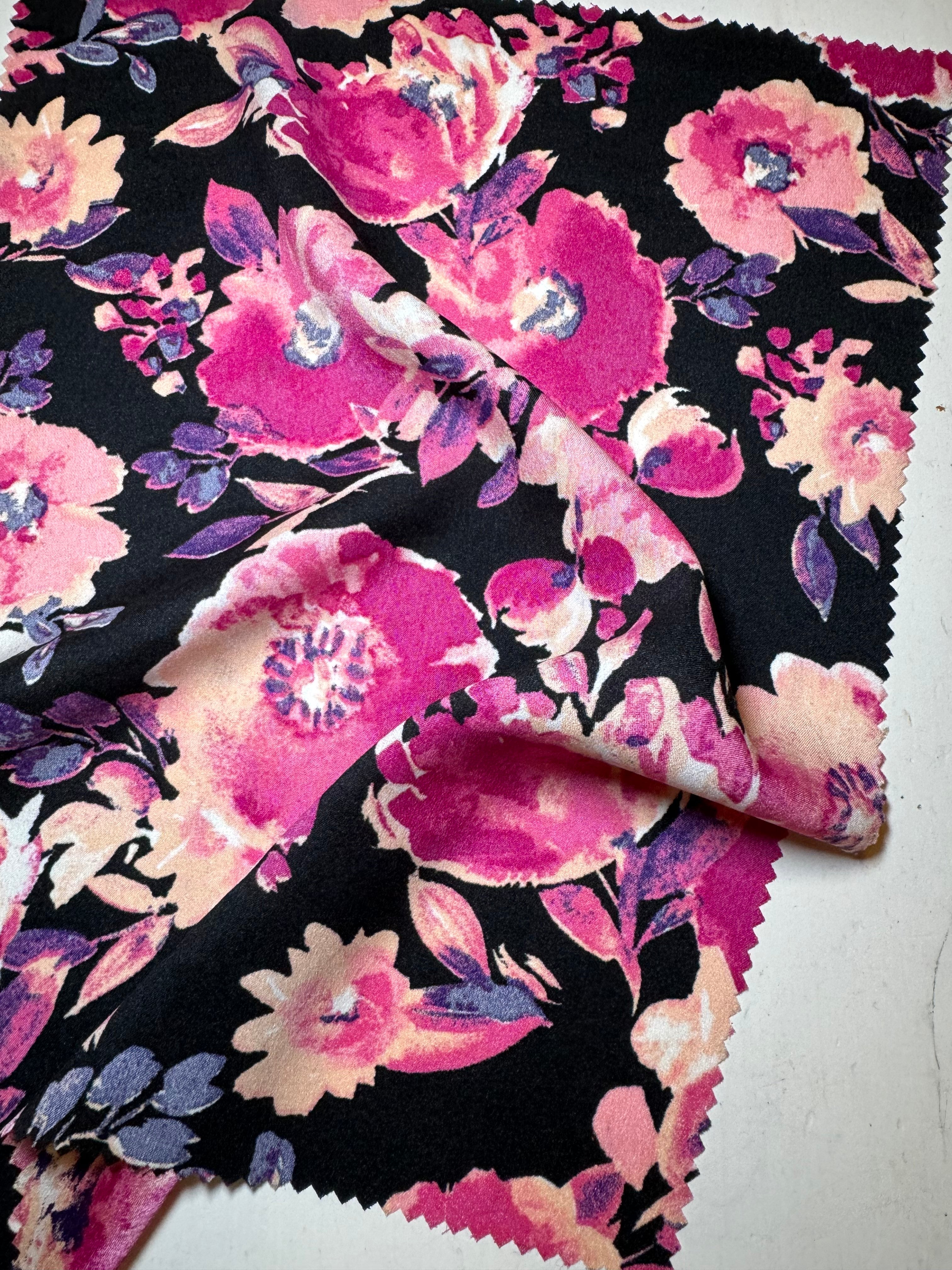 fuchsia black Floral Print Satin, floral print satin, printed satin, fuchsia print satin, black satin, pink satin