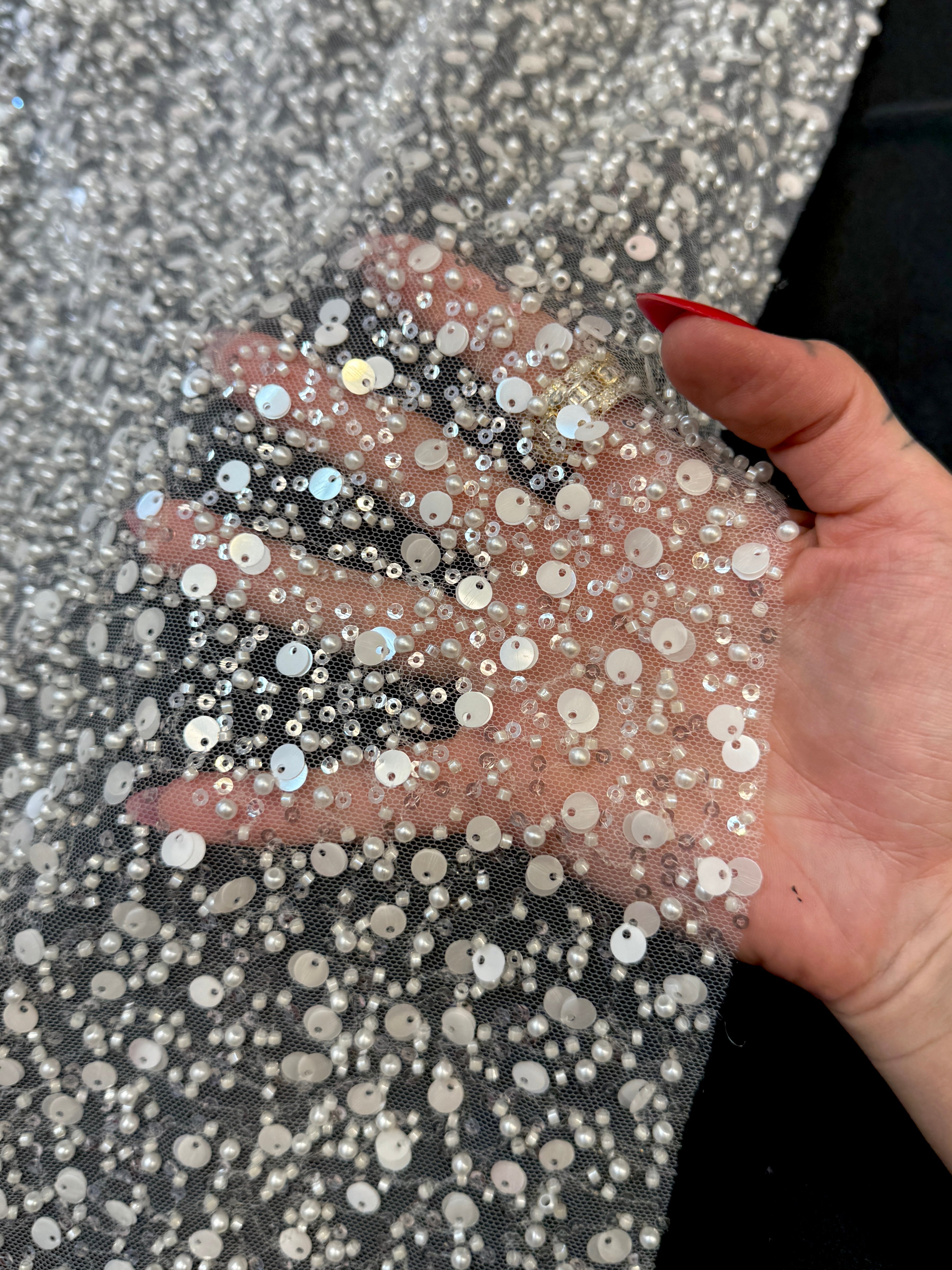 Off White Beaded Sequin Pearl Embroidered Mesh Lace, Kiki Sewing Store, Kiki Luxury Fabric, Cheap Fabric Store, Kiki Textiles, Kiki Textile by the Yard, Kiki Textile USA