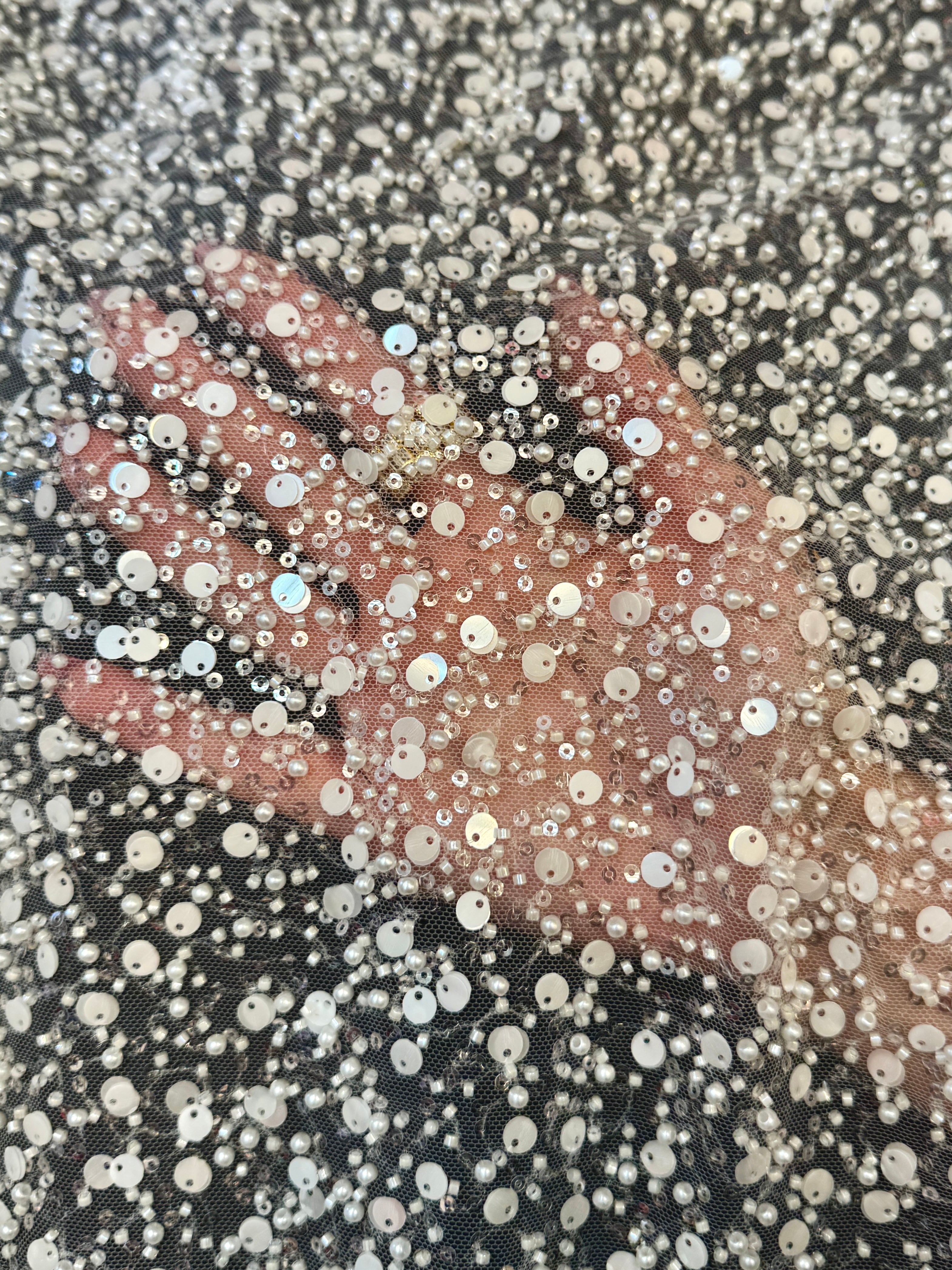 Off White Beaded Sequin Pearl Embroidered Mesh Lace, Kiki Sewing Store, Kiki Luxury Fabric, Cheap Fabric Store, Kiki Textiles, Kiki Textile by the Yard, Kiki Textile USA
