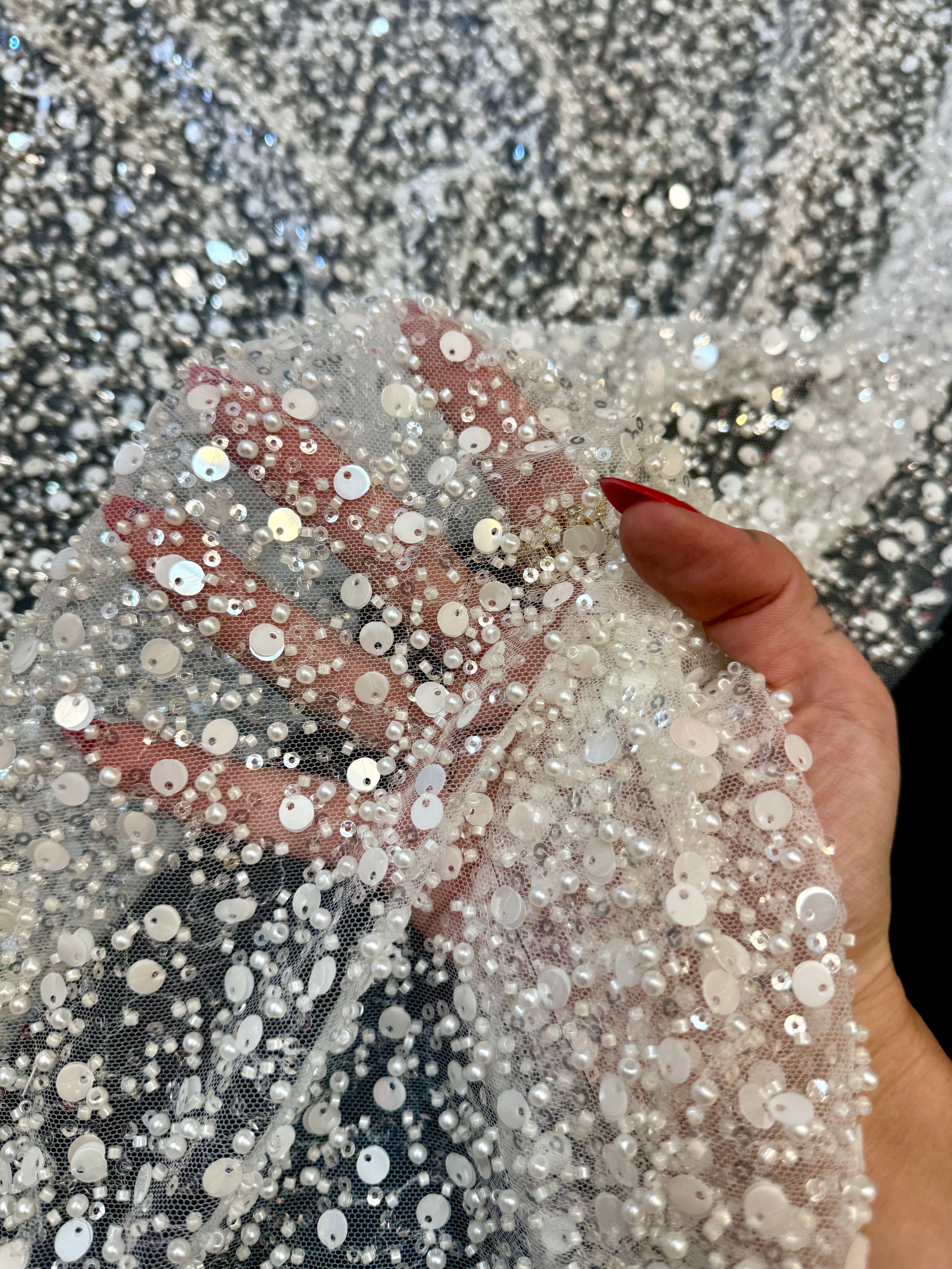 Off White Beaded Sequin Pearl Embroidered Mesh Lace, Kiki Sewing Store, Kiki Luxury Fabric, Cheap Fabric Store, Kiki Textiles, Kiki Textile by the Yard, Kiki Textile USA
