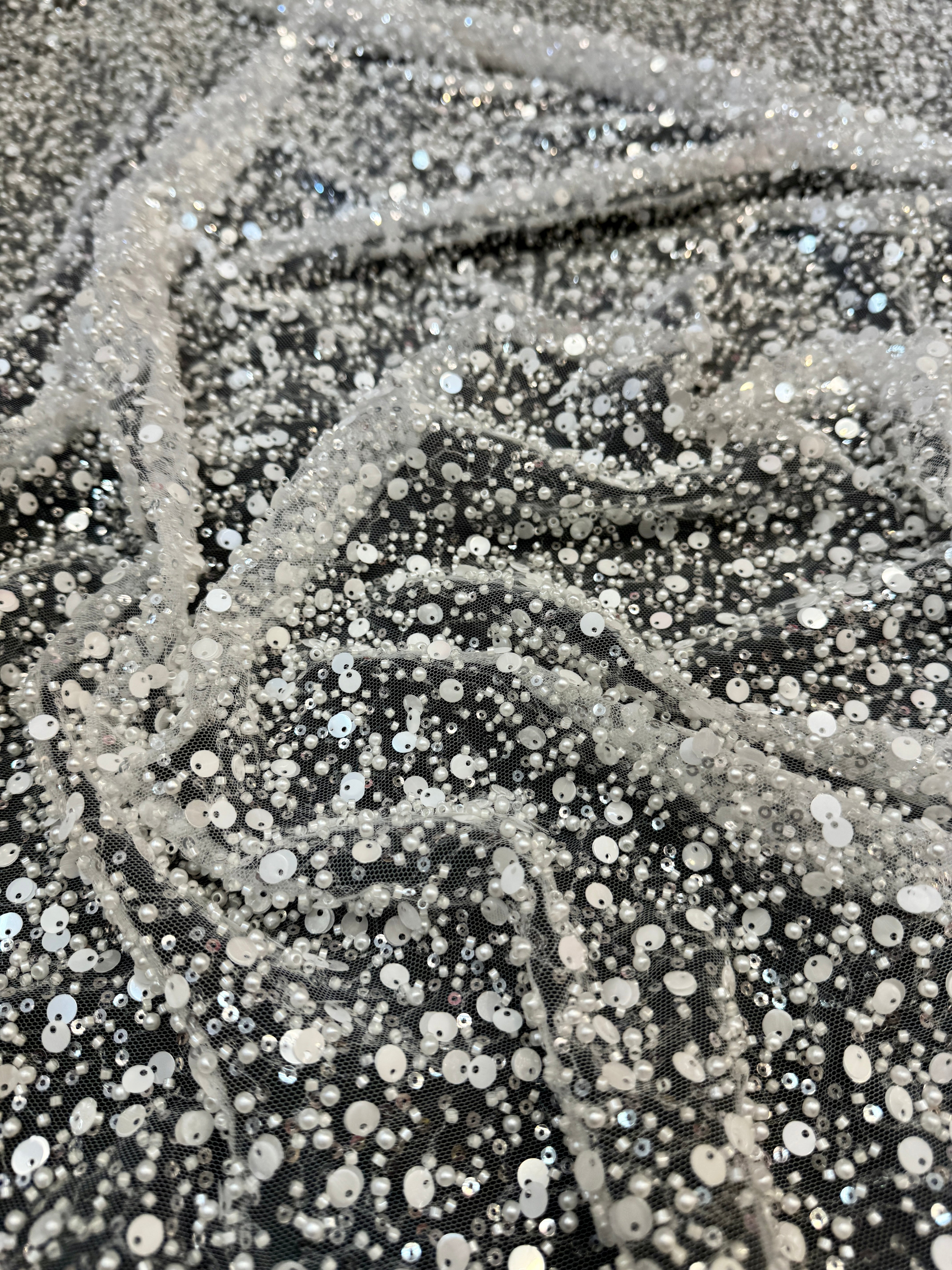Off White Beaded Sequin Pearl Embroidered Mesh Lace, Pearl Embroidered Lace, Sequin Mesh Lace, Beaded Lace Mesh, Pearl Lace Fabric, Embroidered Mesh Lace, Embellished Lace Fabric