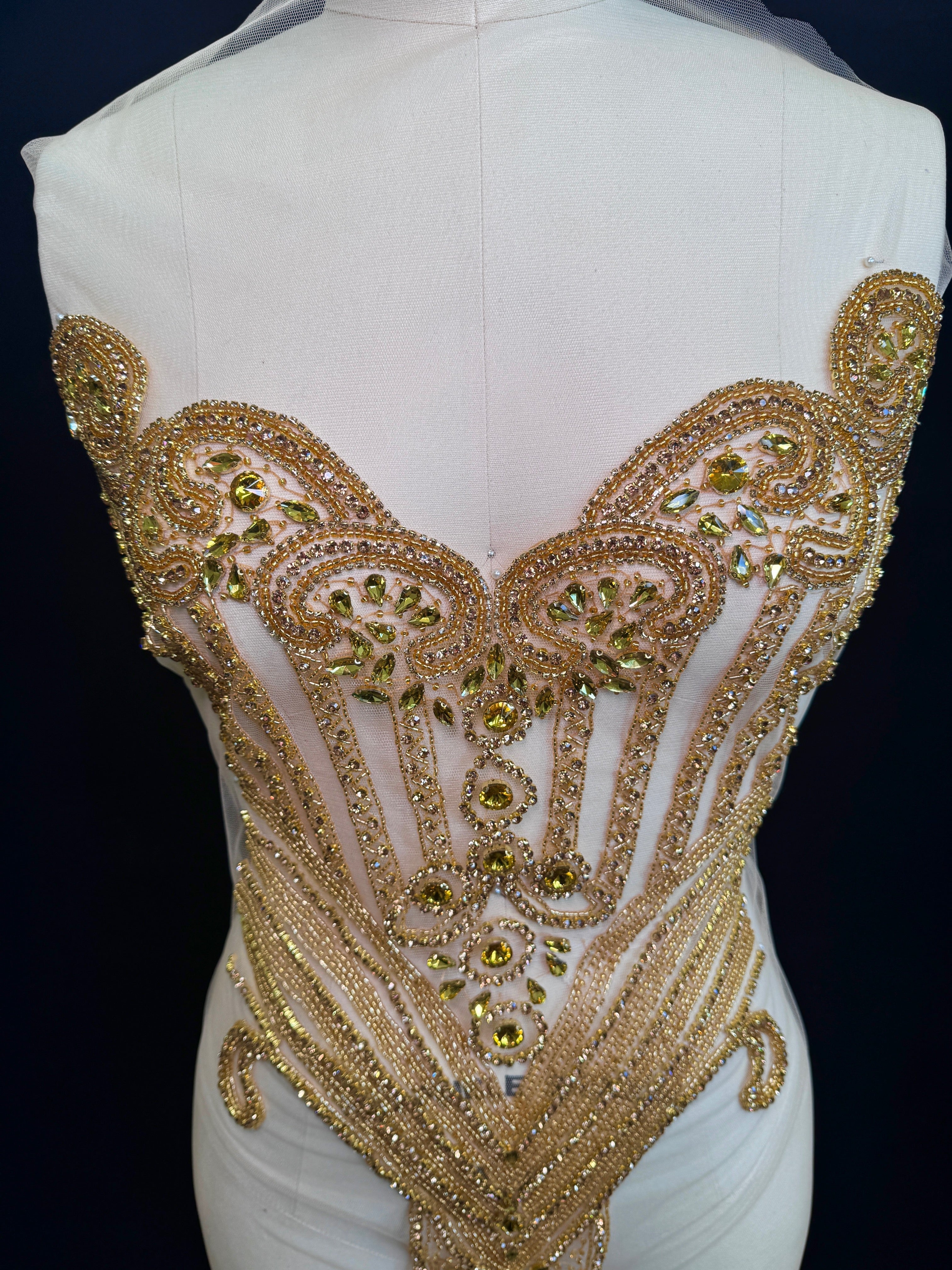 Rachael Gold Rhinestone Bodice Applique, gold rhinestone, dark gold rhinestone, light gold rhinestone,  