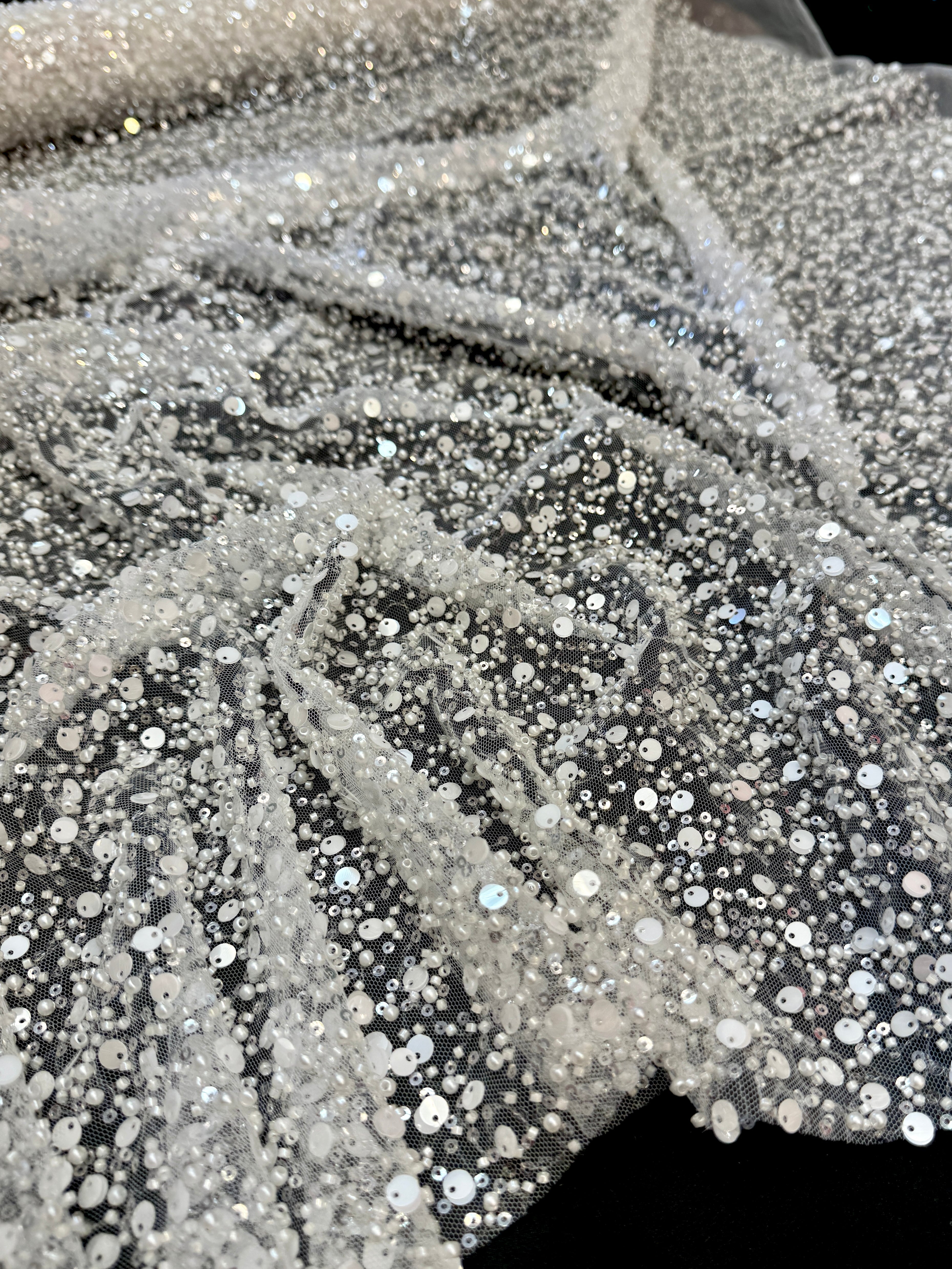 Off White Beaded Sequin Pearl Embroidered Mesh Lace, Pearl Embroidered Lace, Sequin Mesh Lace, Beaded Lace Mesh, Pearl Lace Fabric, Embroidered Mesh Lace, Embellished Lace Fabric