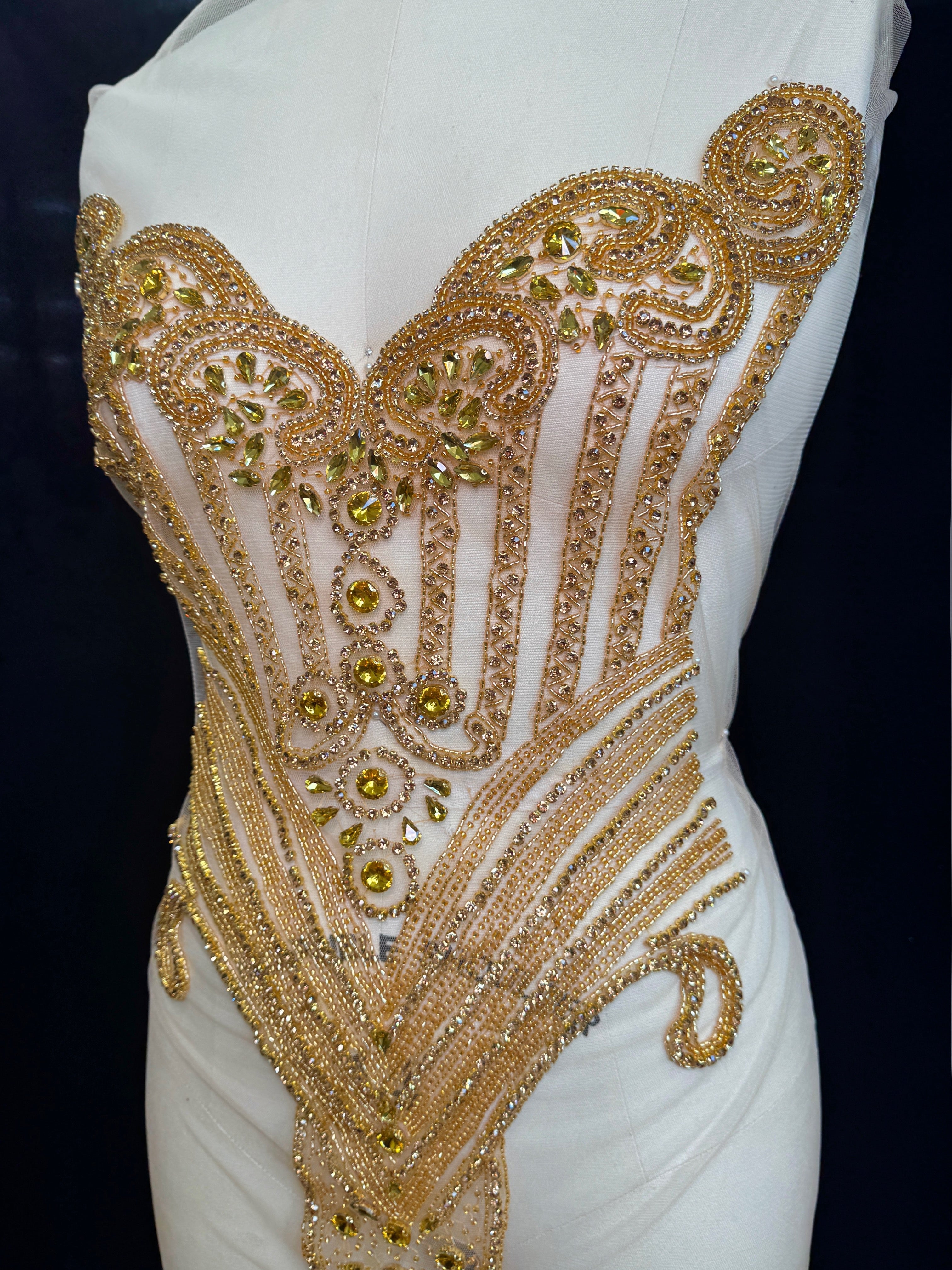Rachael Gold Rhinestone Bodice Applique, gold rhinestone, dark gold rhinestone, light gold rhinestone,  
