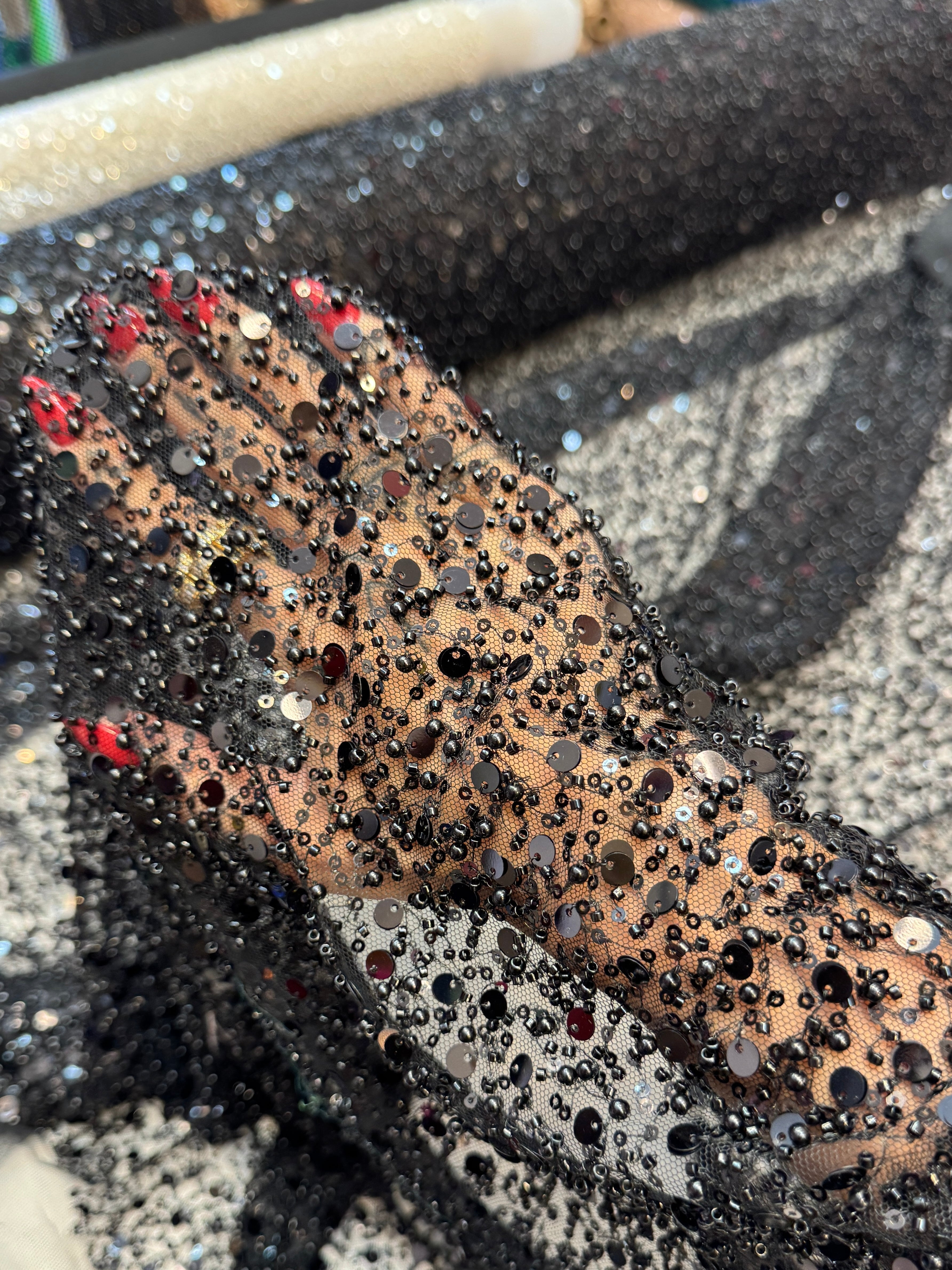 Black Beaded Sequin Pearl Embroidered Mesh Lace, Kiki Sewing Store, Kiki Luxury Fabric, Cheap Fabric Store, Kiki Textiles, Kiki Textile by the Yard, Kiki Textile USA
