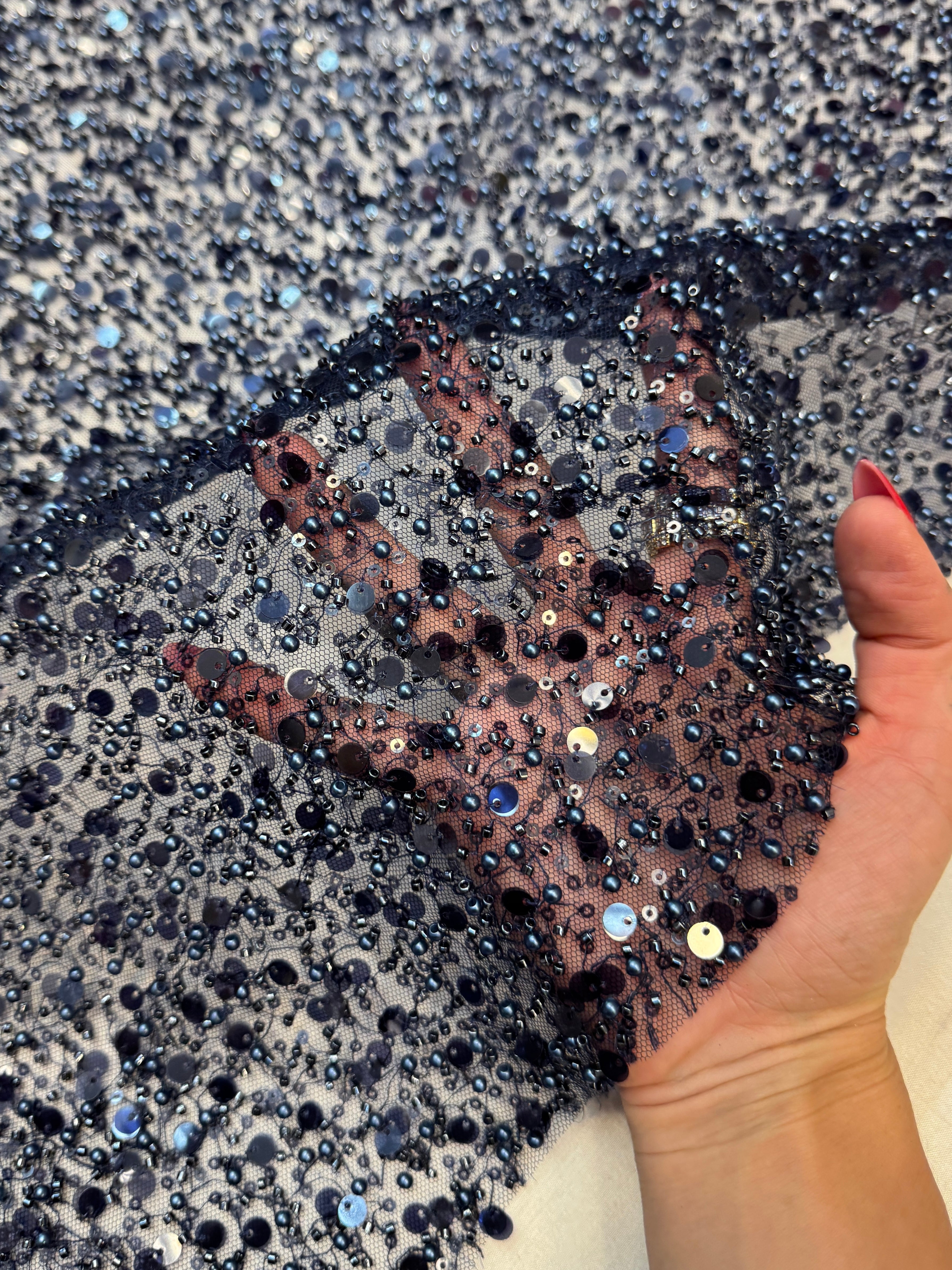 Navy Beaded Sequin Pearl Embroidered Mesh Lace, Pearl Embroidered Lace, Sequin Mesh Lace, Beaded Lace Mesh, Pearl Lace Fabric, Embroidered Mesh Lace, Embellished Lace Fabric