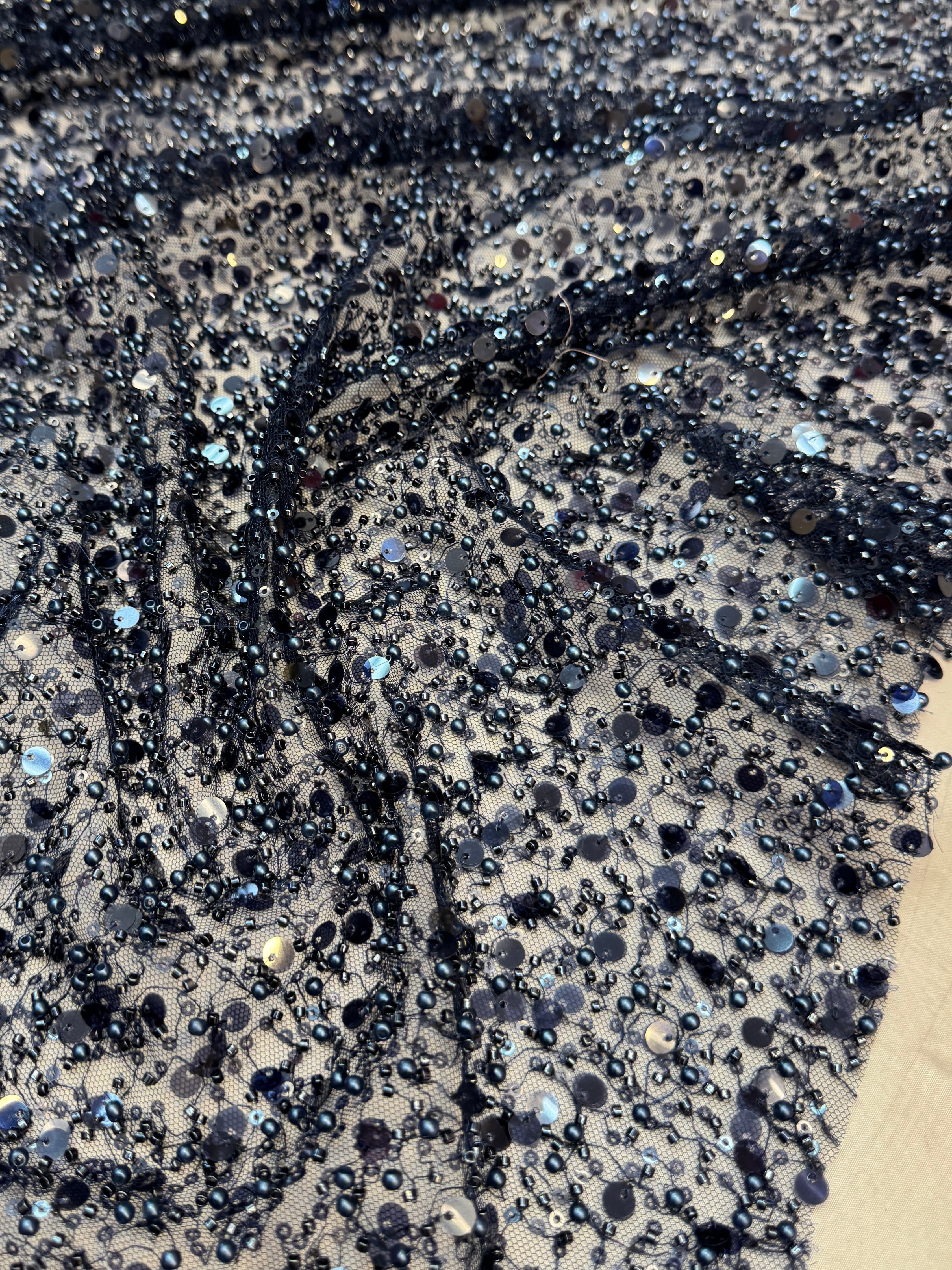 Navy Beaded Sequin Pearl Embroidered Mesh Lace, Pearl Embroidered Lace, Sequin Mesh Lace, Beaded Lace Mesh, Pearl Lace Fabric, Embroidered Mesh Lace, Embellished Lace Fabric