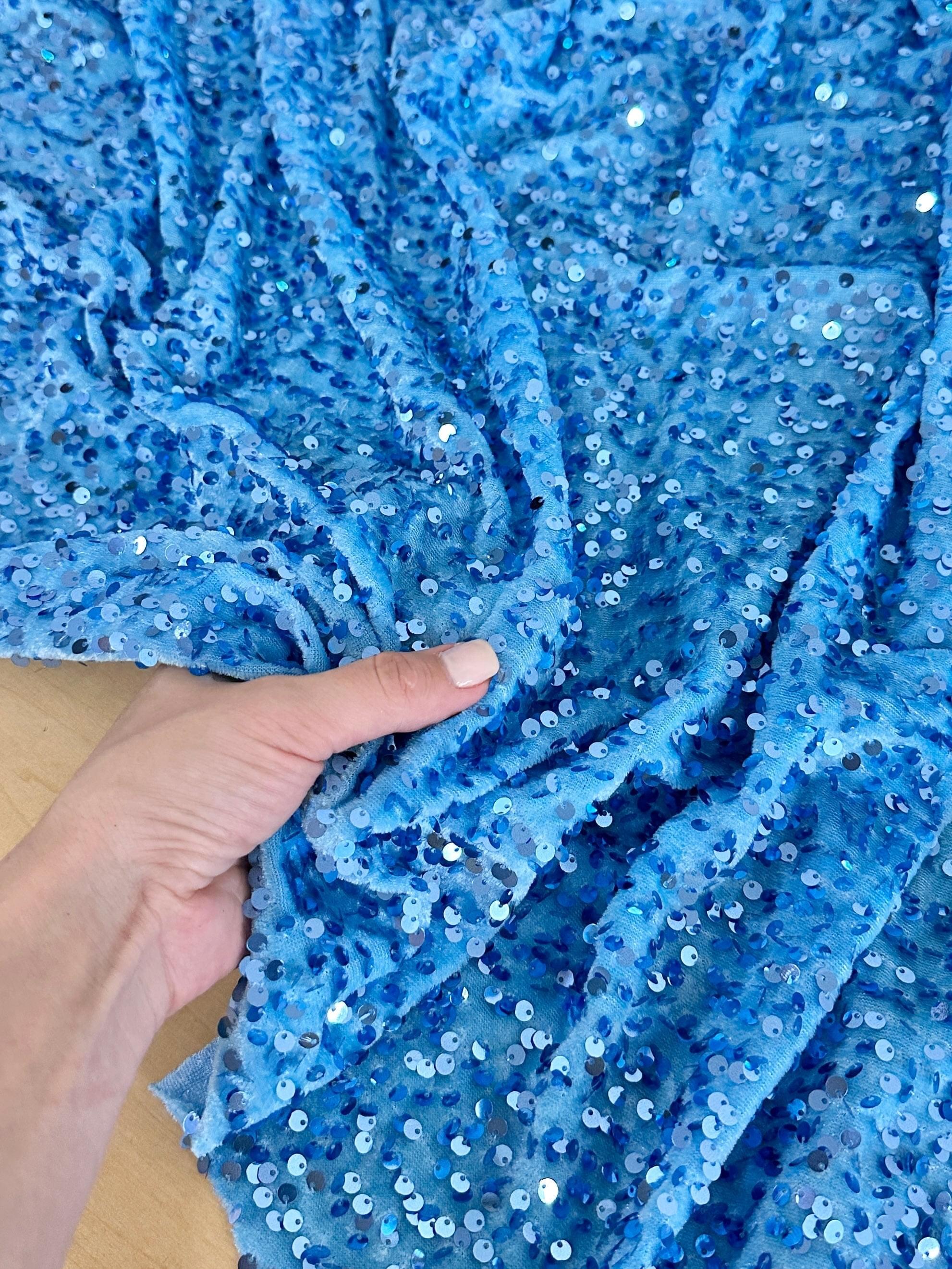  baby blue sequin on Velvet, velvet cloth, blue velvet, sequin stretch velvet, velvet for gown, stretch velvet, velvet fabric with sequin, solid velvet, light blue sequin fabric, sequin fabric for gown, 4 way stretch velvet