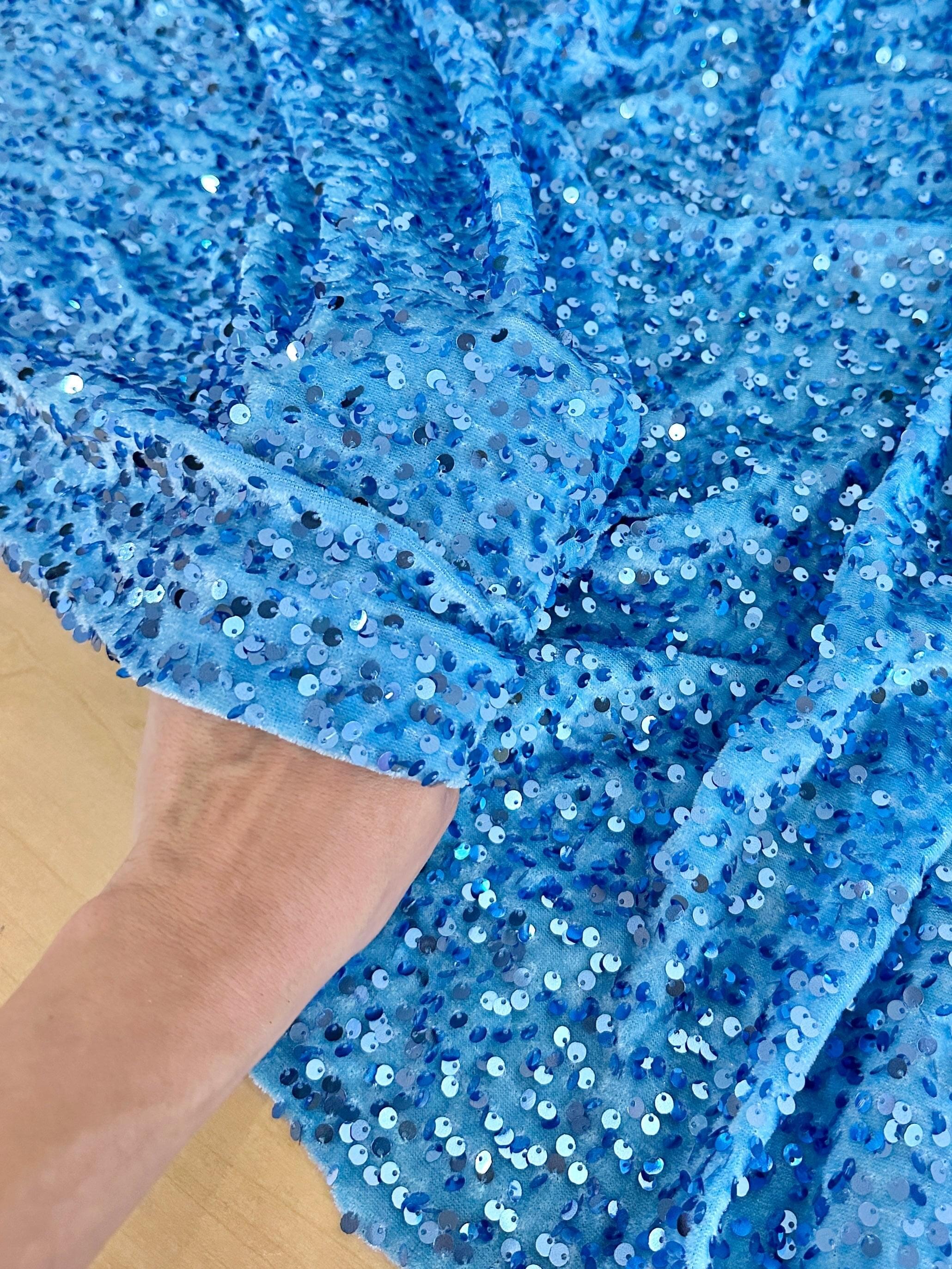 baby blue sequin on Velvet, velvet cloth, blue velvet, sequin stretch velvet, velvet for gown, stretch velvet, velvet fabric with sequin, solid velvet, light blue sequin fabric, sequin fabric for gown, 4 way stretch velvet