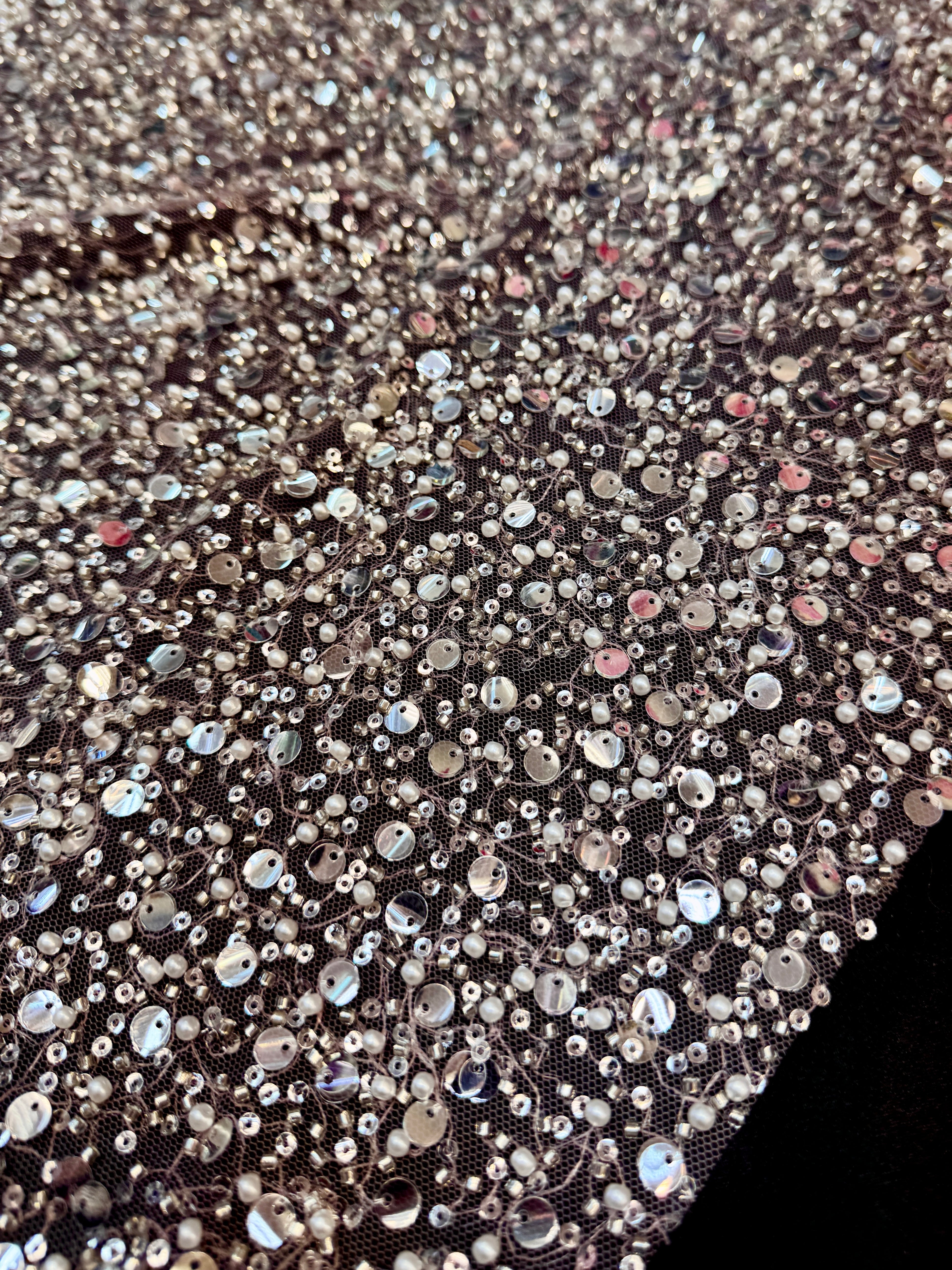 Powder Pink Beaded Sequin Pearl Embroidered Mesh Lace, Pearl Embroidered Lace, Sequin Mesh Lace, Beaded Lace Mesh, Pearl Lace Fabric, Embroidered Mesh Lace, Embellished Lace Fabric