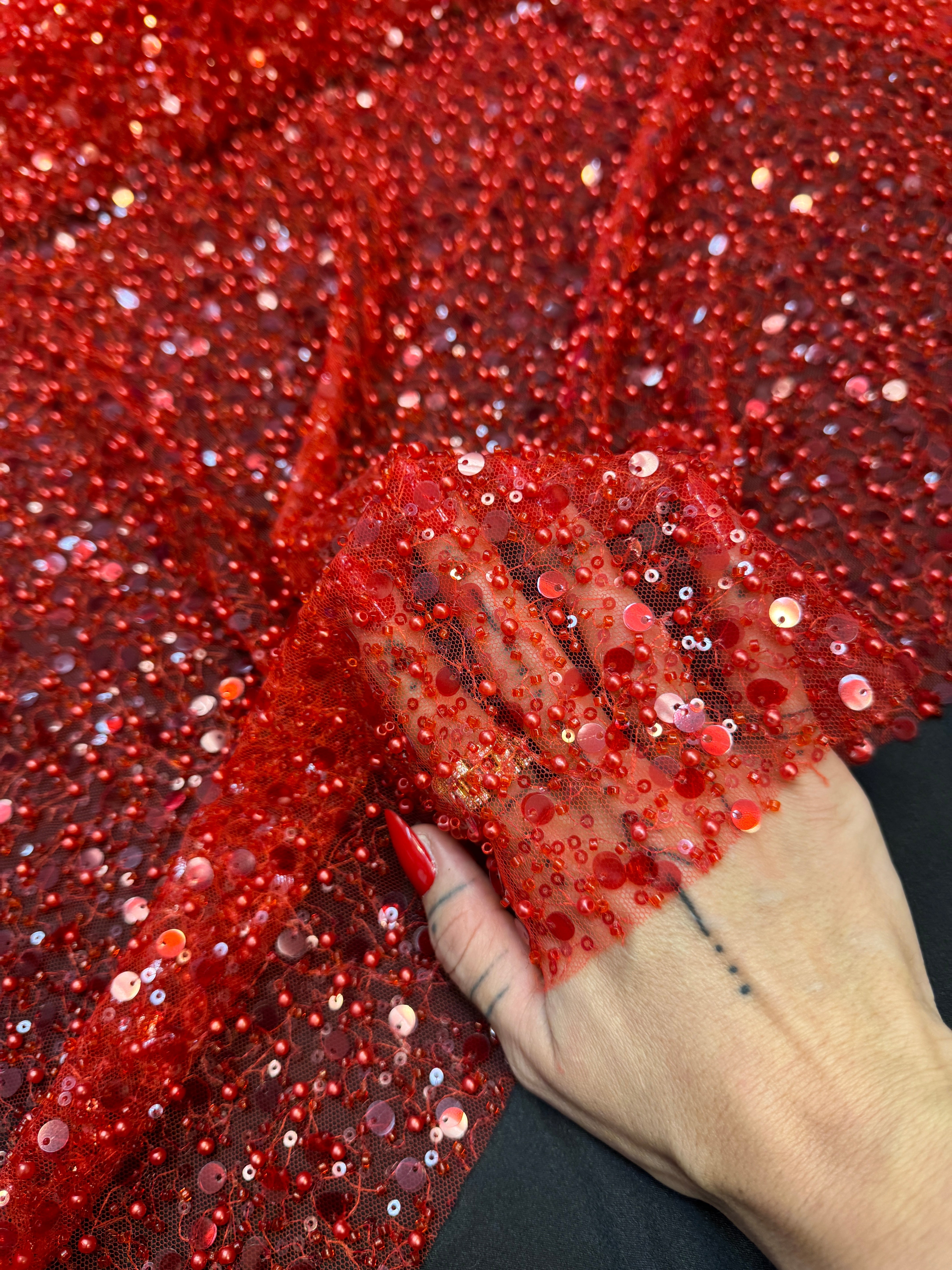 Red Beaded Sequin Pearl Embroidered Mesh Lace, Kiki Sewing Store, Kiki Luxury Fabric, Cheap Fabric Store, Kiki Textiles, Kiki Textile by the Yard, Kiki Textile USA