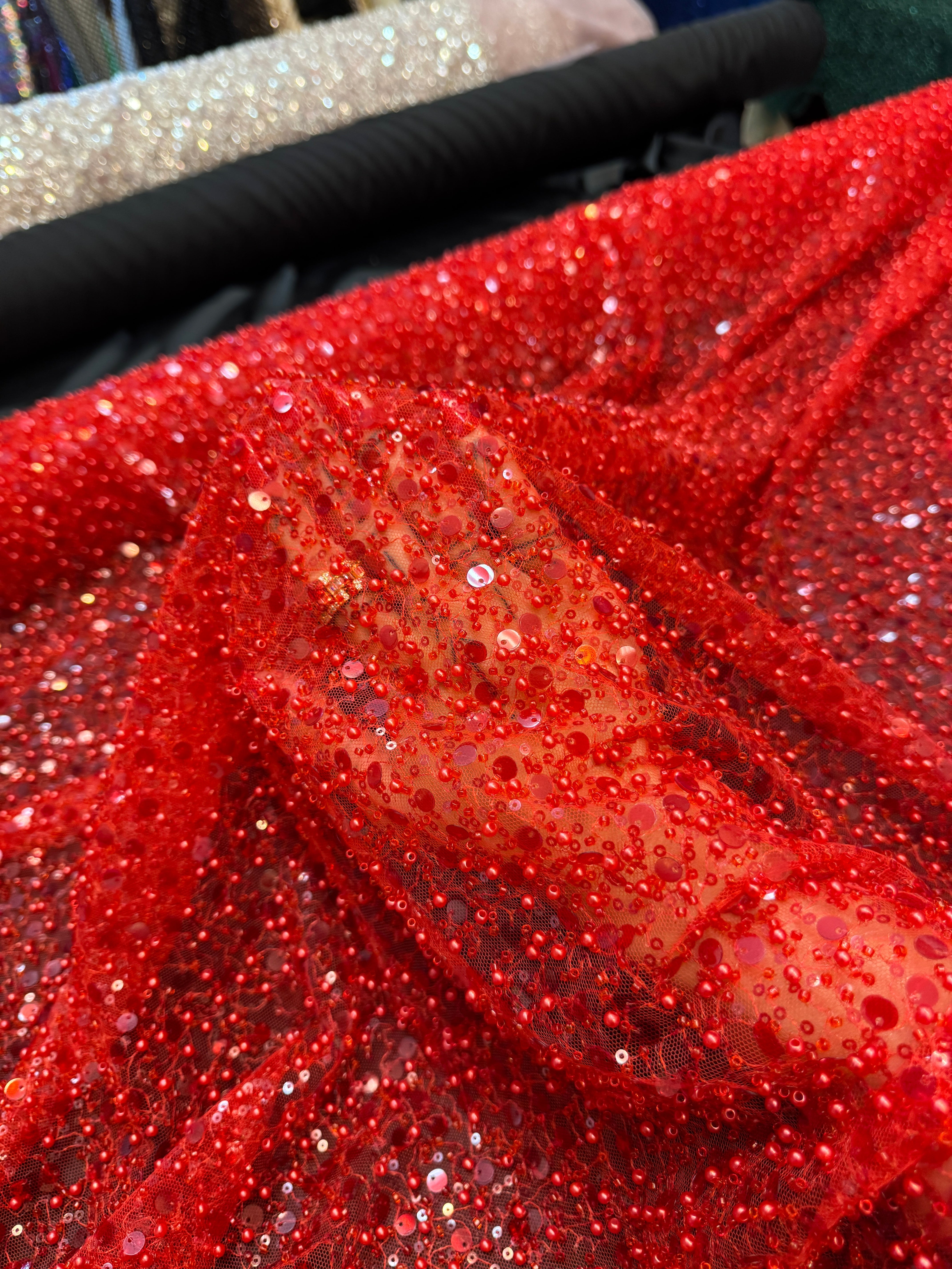 Red Beaded Sequin Pearl Embroidered Mesh Lace, Kiki Sewing Store, Kiki Luxury Fabric, Cheap Fabric Store, Kiki Textiles, Kiki Textile by the Yard, Kiki Textile USA