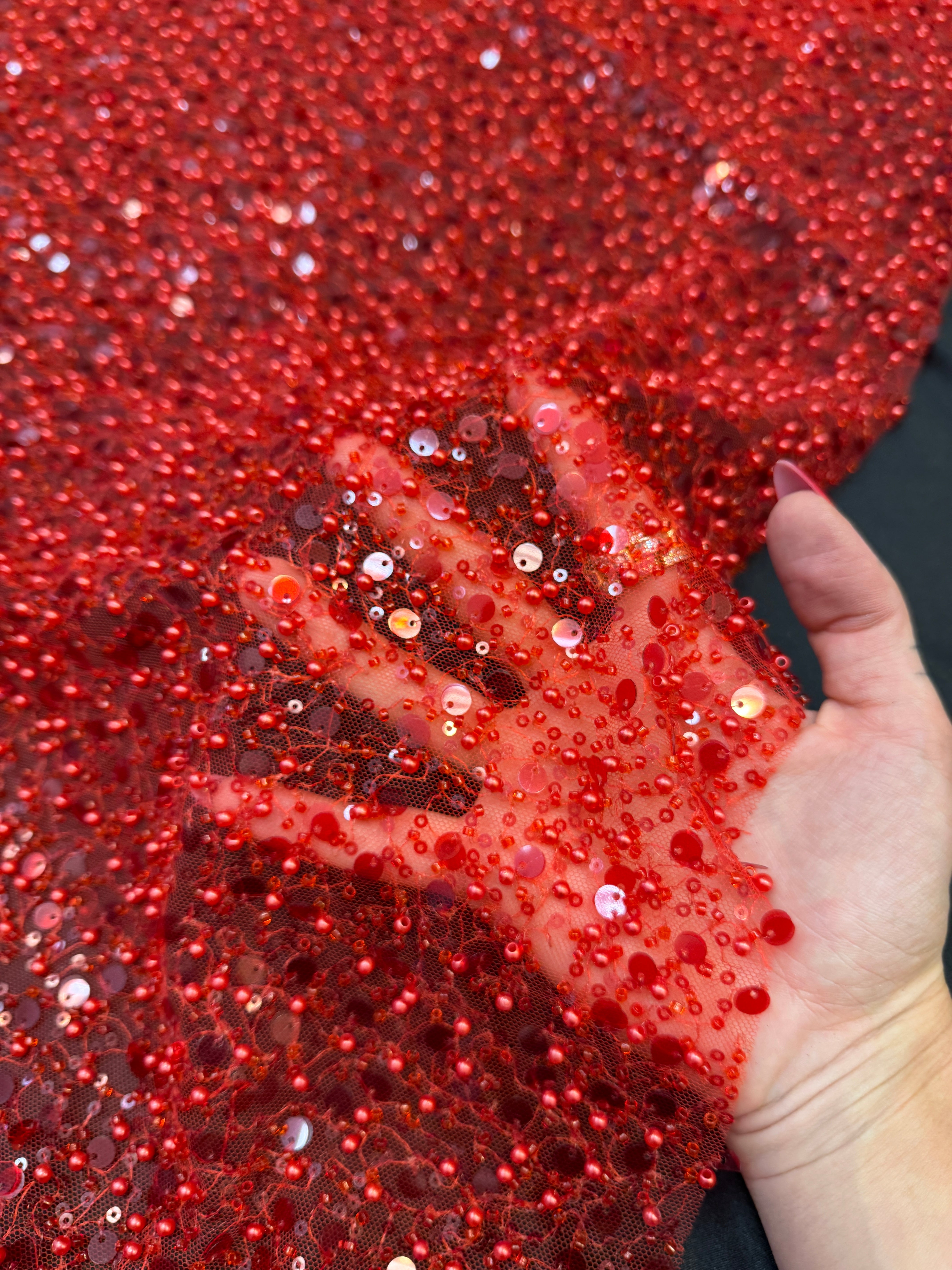Red Beaded Sequin Pearl Embroidered Mesh Lace, Pearl Embroidered Lace, Sequin Mesh Lace, Beaded Lace Mesh, Pearl Lace Fabric, Embroidered Mesh Lace, Embellished Lace Fabric