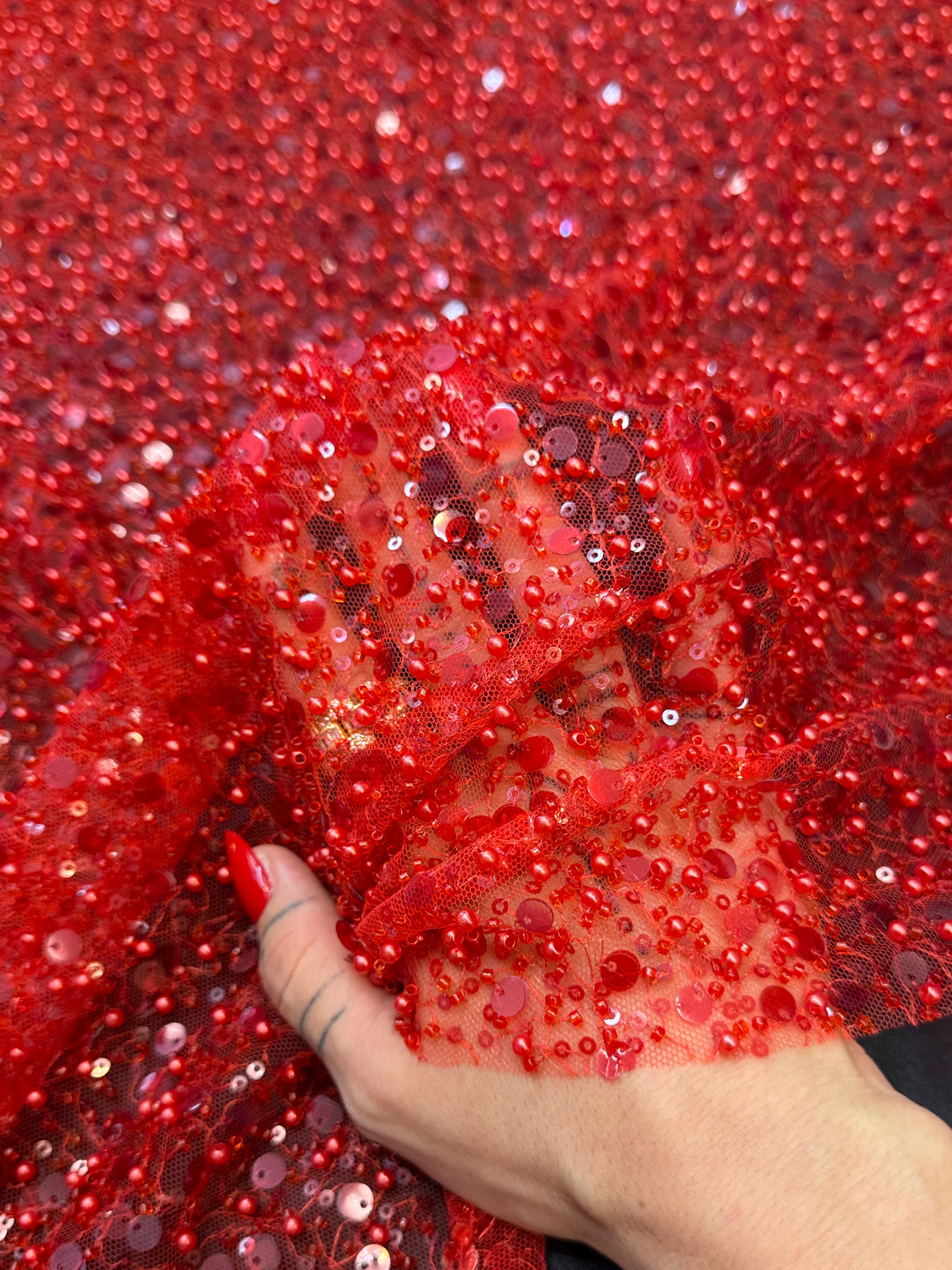Red Beaded Sequin Pearl Embroidered Mesh Lace, Kiki Sewing Store, Kiki Luxury Fabric, Cheap Fabric Store, Kiki Textiles, Kiki Textile by the Yard, Kiki Textile USA