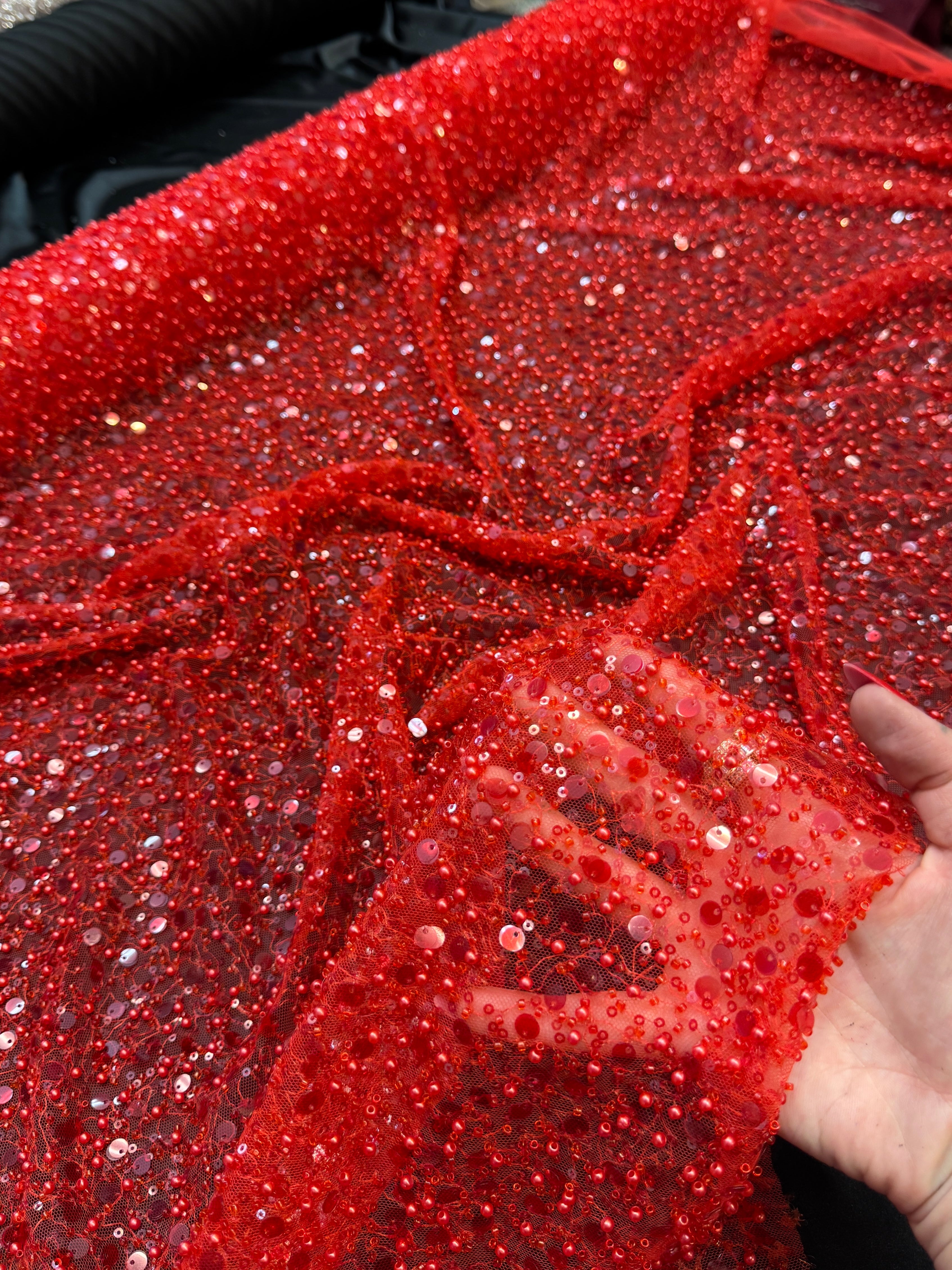 Red Beaded Sequin Pearl Embroidered Mesh Lace, Kiki Sewing Store, Kiki Luxury Fabric, Cheap Fabric Store, Kiki Textiles, Kiki Textile by the Yard, Kiki Textile USA