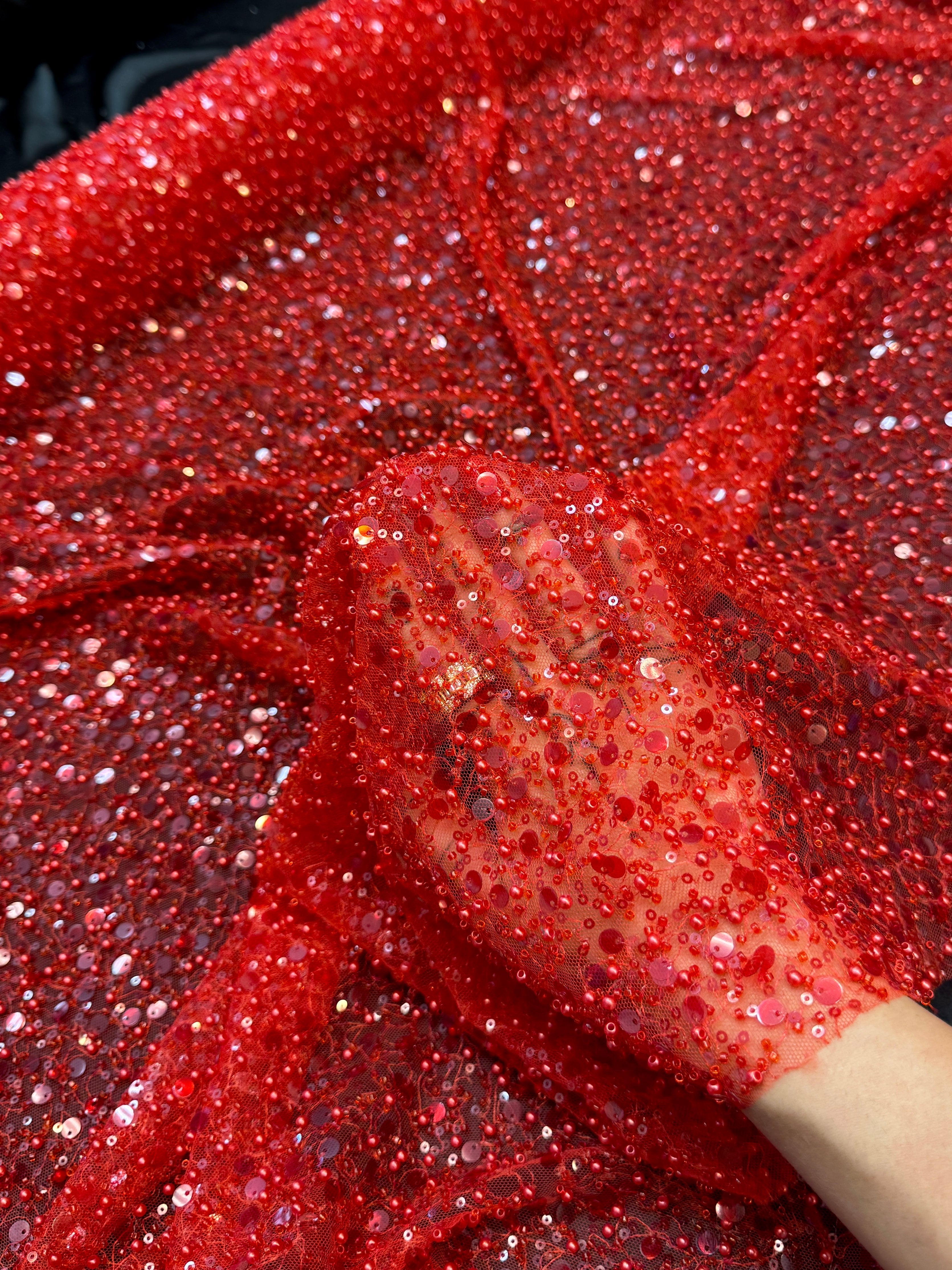 Red Beaded Sequin Pearl Embroidered Mesh Lace, Pearl Embroidered Lace, Sequin Mesh Lace, Beaded Lace Mesh, Pearl Lace Fabric, Embroidered Mesh Lace, Embellished Lace Fabric