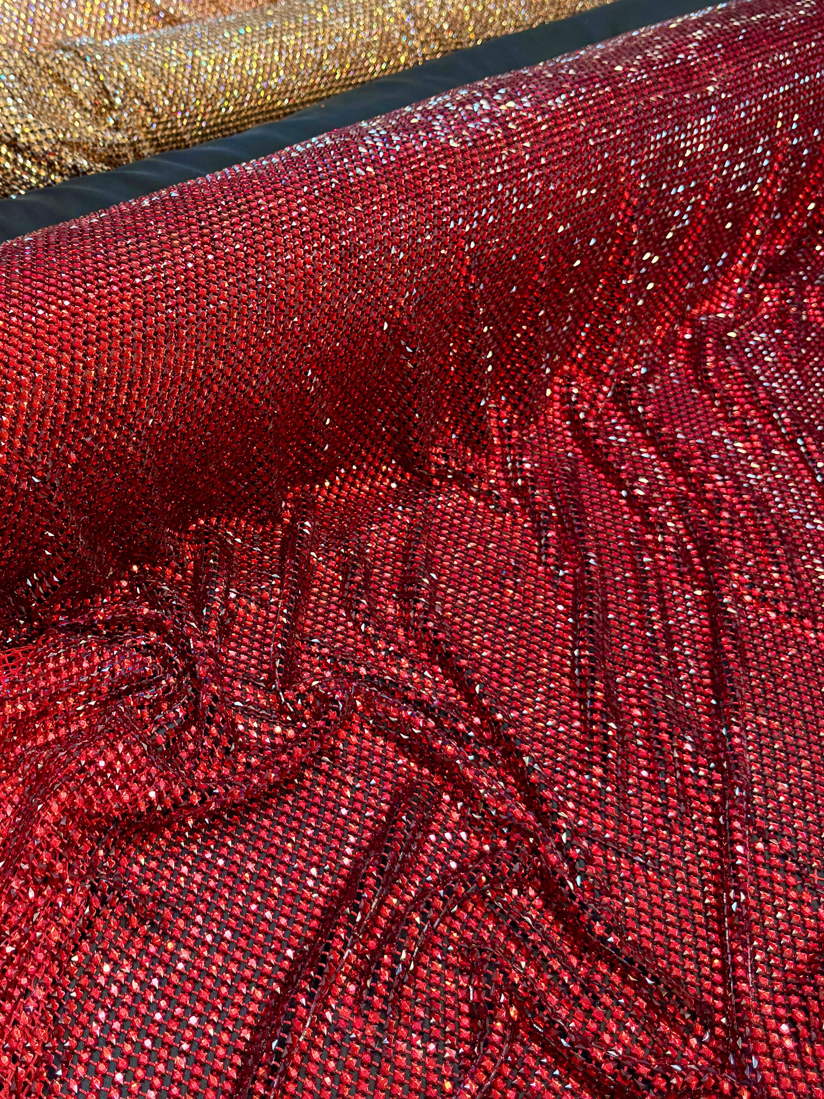 Red Luxury Rhinestone Mesh, Rhinestone Mesh Fabric, Crystal Mesh Fabric, Beaded Mesh Fabric, Embellished Mesh Fabric, Sequin Mesh Fabric, Sparkle Mesh Fabric