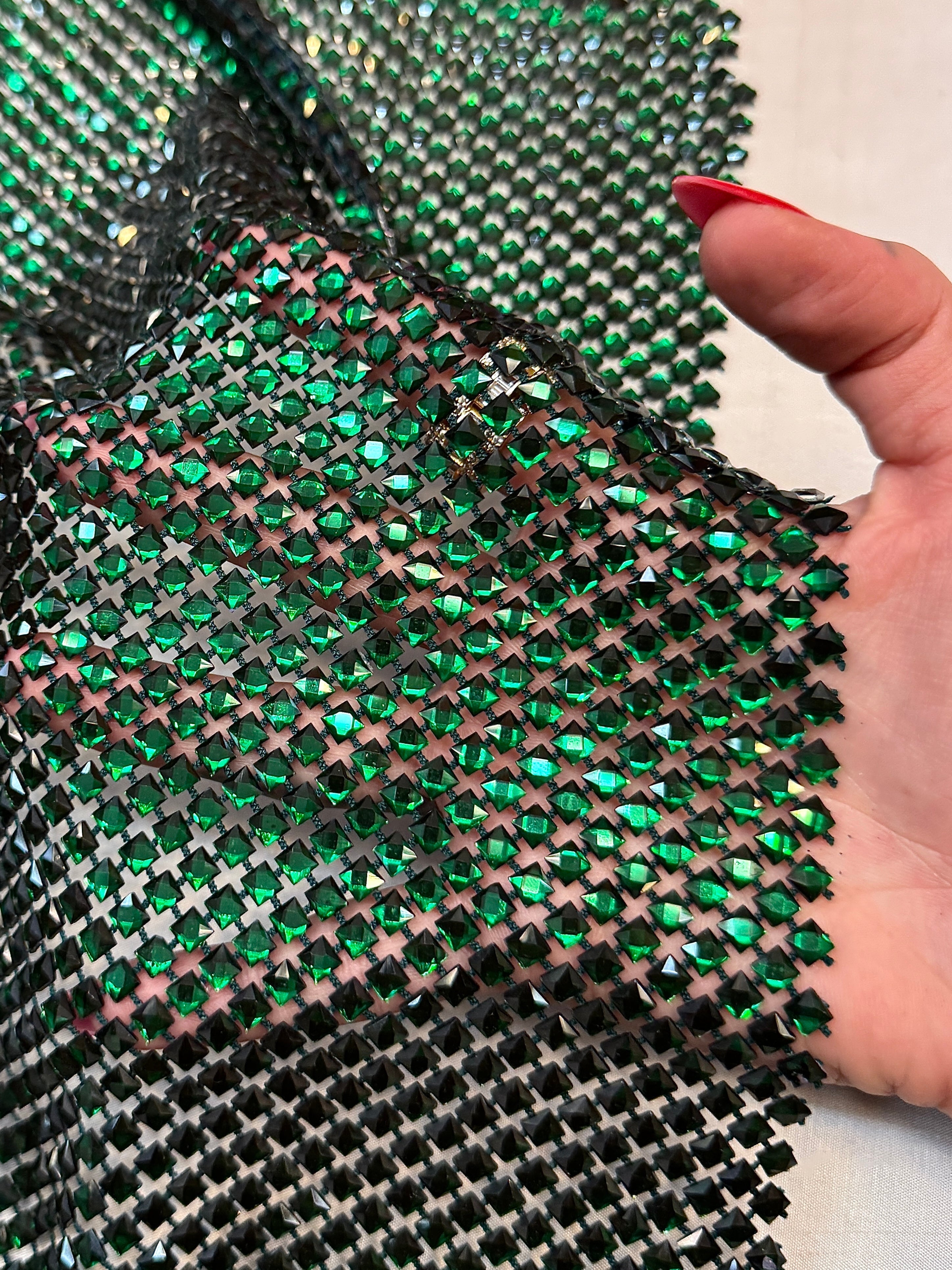 Emerald Green Luxury Rhinestone Mesh, Kiki Sewing Store, Kiki Luxury Fabric, Cheap Fabric Store, Kiki Textiles, Kiki Textile by the Yard, Kiki Textile USA