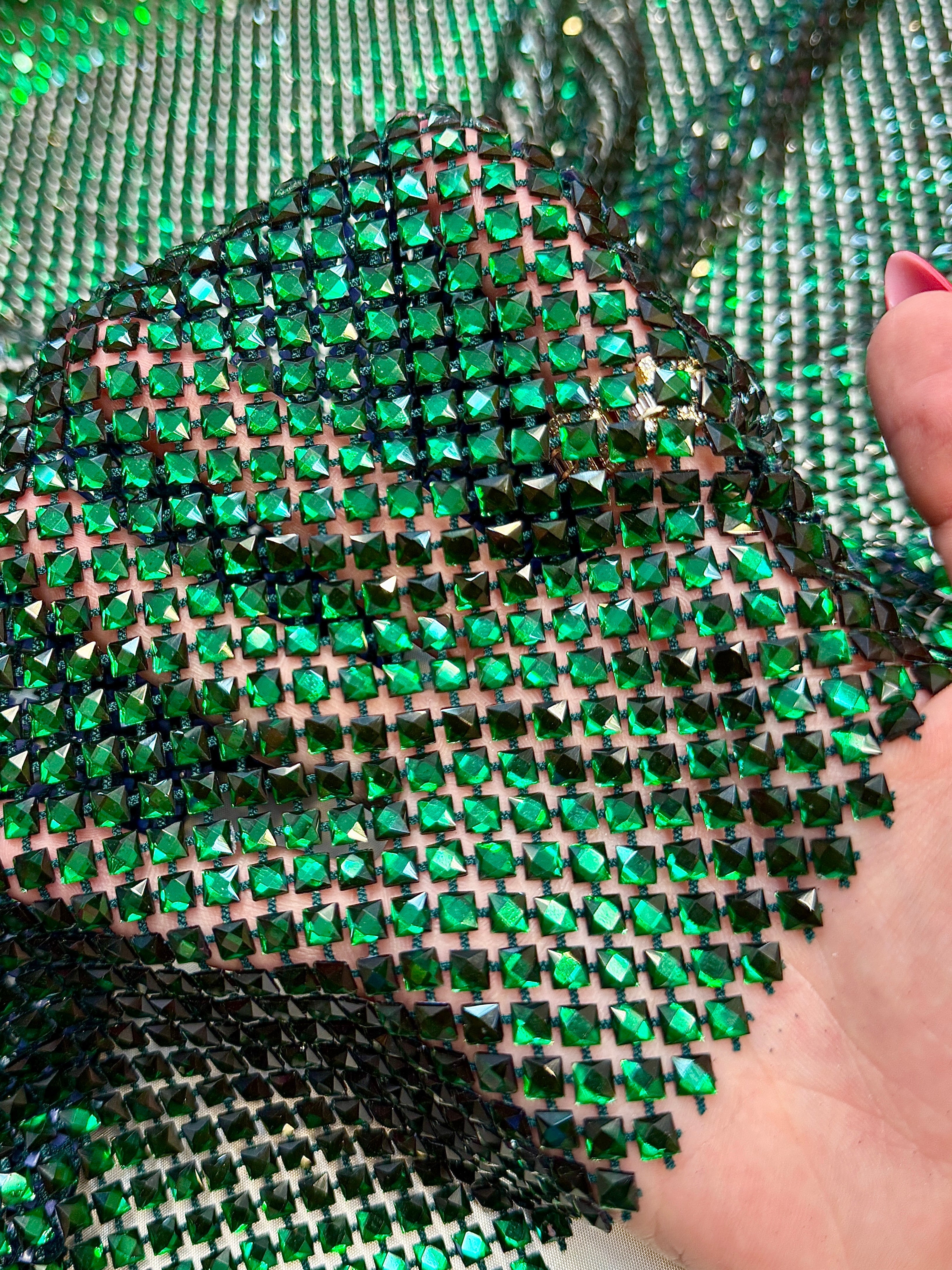 Emerald Green Luxury Rhinestone Mesh, Kiki Sewing Store, Kiki Luxury Fabric, Cheap Fabric Store, Kiki Textiles, Kiki Textile by the Yard, Kiki Textile USA
