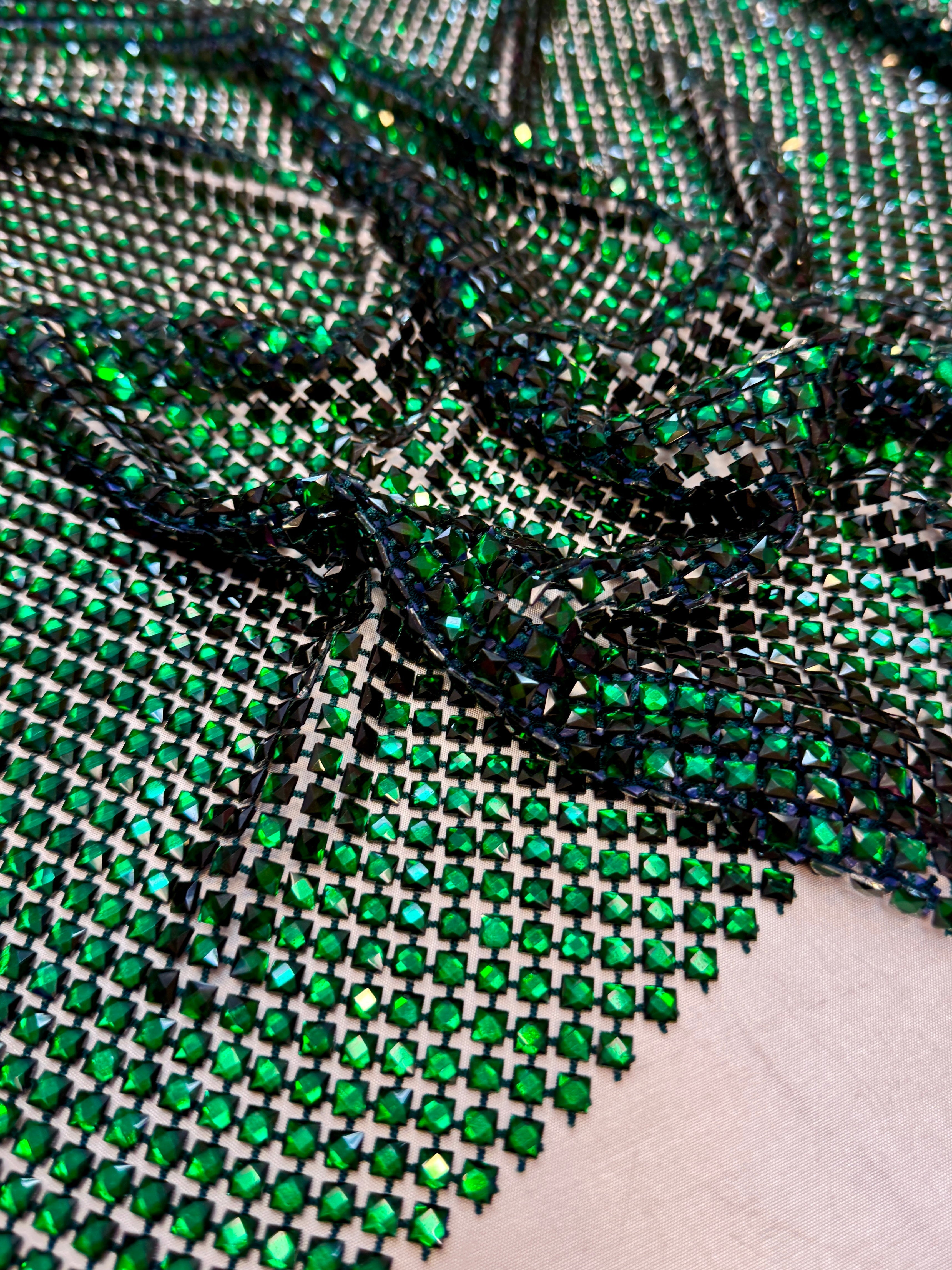 Emerald Green Luxury Rhinestone Mesh, Rhinestone Mesh Fabric, Crystal Mesh Fabric, Beaded Mesh Fabric, Embellished Mesh Fabric, Sequin Mesh Fabric, Sparkle Mesh Fabric
