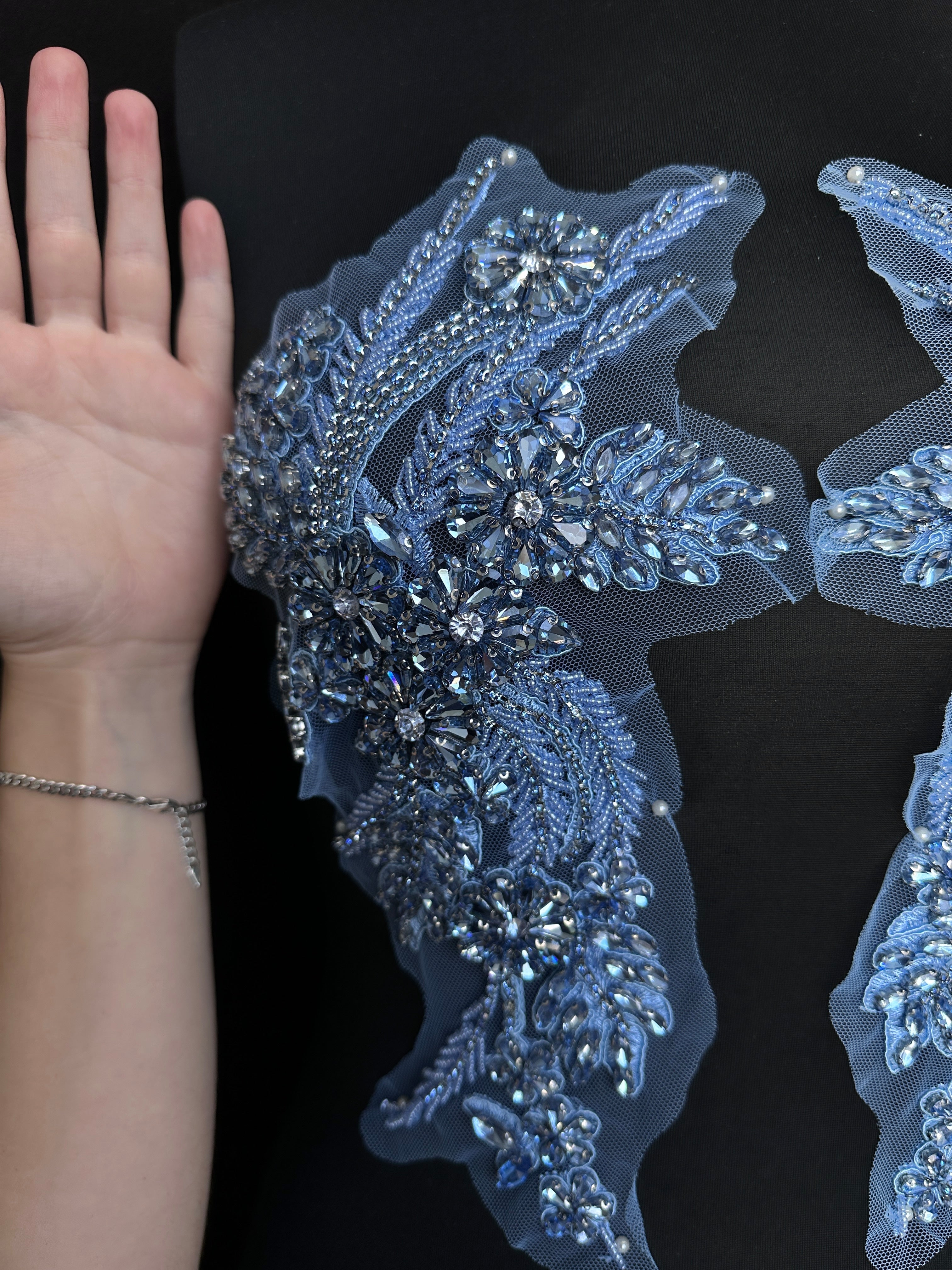 Gina Dusty Blue Rhinestone Applique, Silver Rhinestones Applique, Embellished clothing, Rhinestone applications, Rhinestone embroidery, Rhinestone patch, Dress patch, Rhinestones for dress