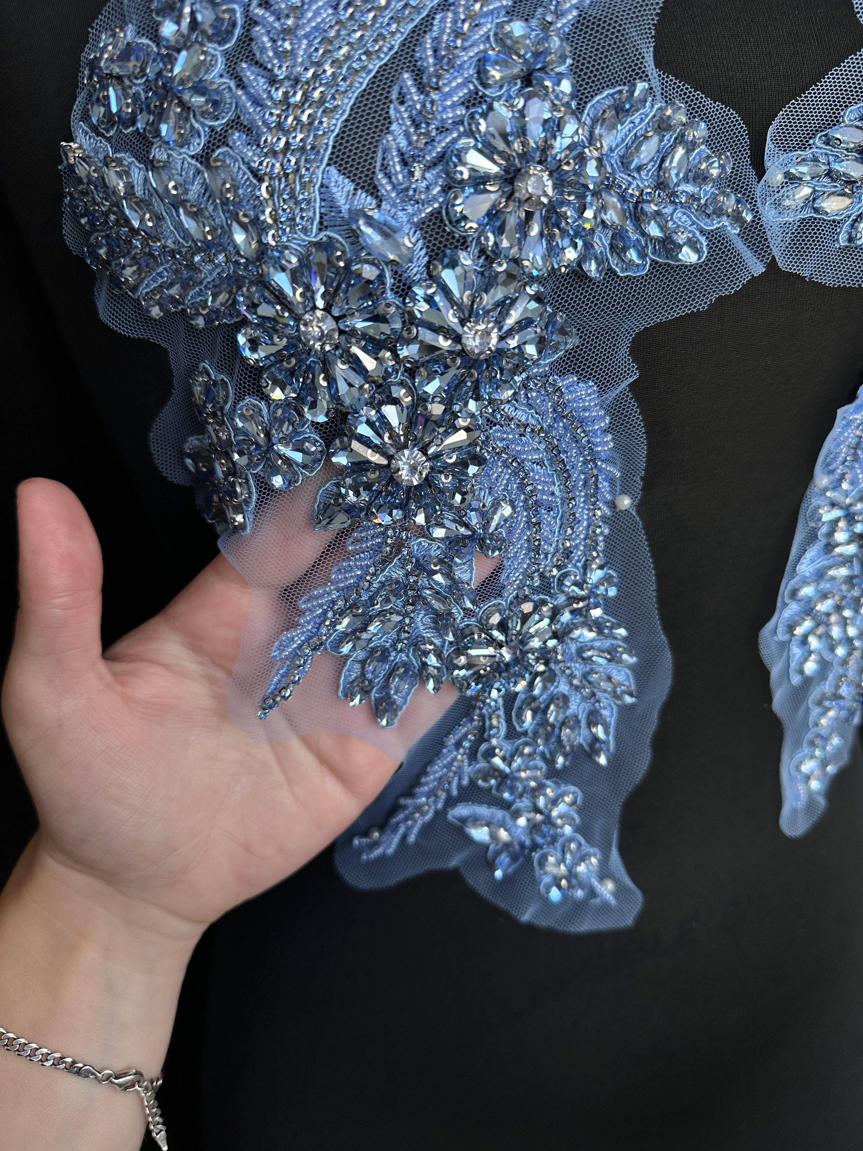 Gina Dusty Blue Rhinestone Applique, Shop Fabrics Online, Sewing, Fabric Store, Sewing Store, Cheap Fabric Store, Kiki Textiles
