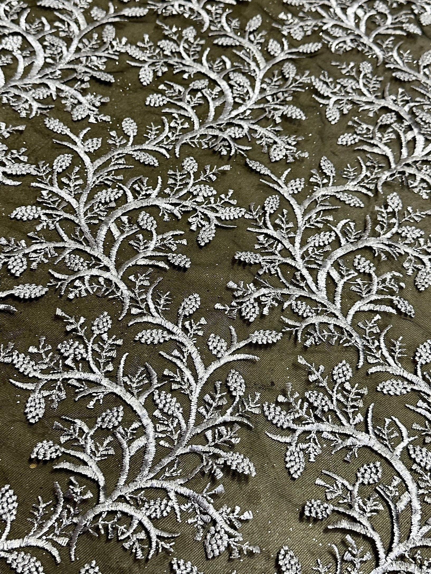 Silver Leaf Branch Embroidered Lace, dark silver Leaf Branch Embroidered Lace, light silver Leaf Branch Embroidered Lace, Leaf Branch Embroidered Lace for woman, Leaf Branch Embroidered Lace for bride, Leaf Branch Embroidered Lace in low price, Leaf Branch Embroidered Lace on sale, premium Leaf Branch Embroidered Lace