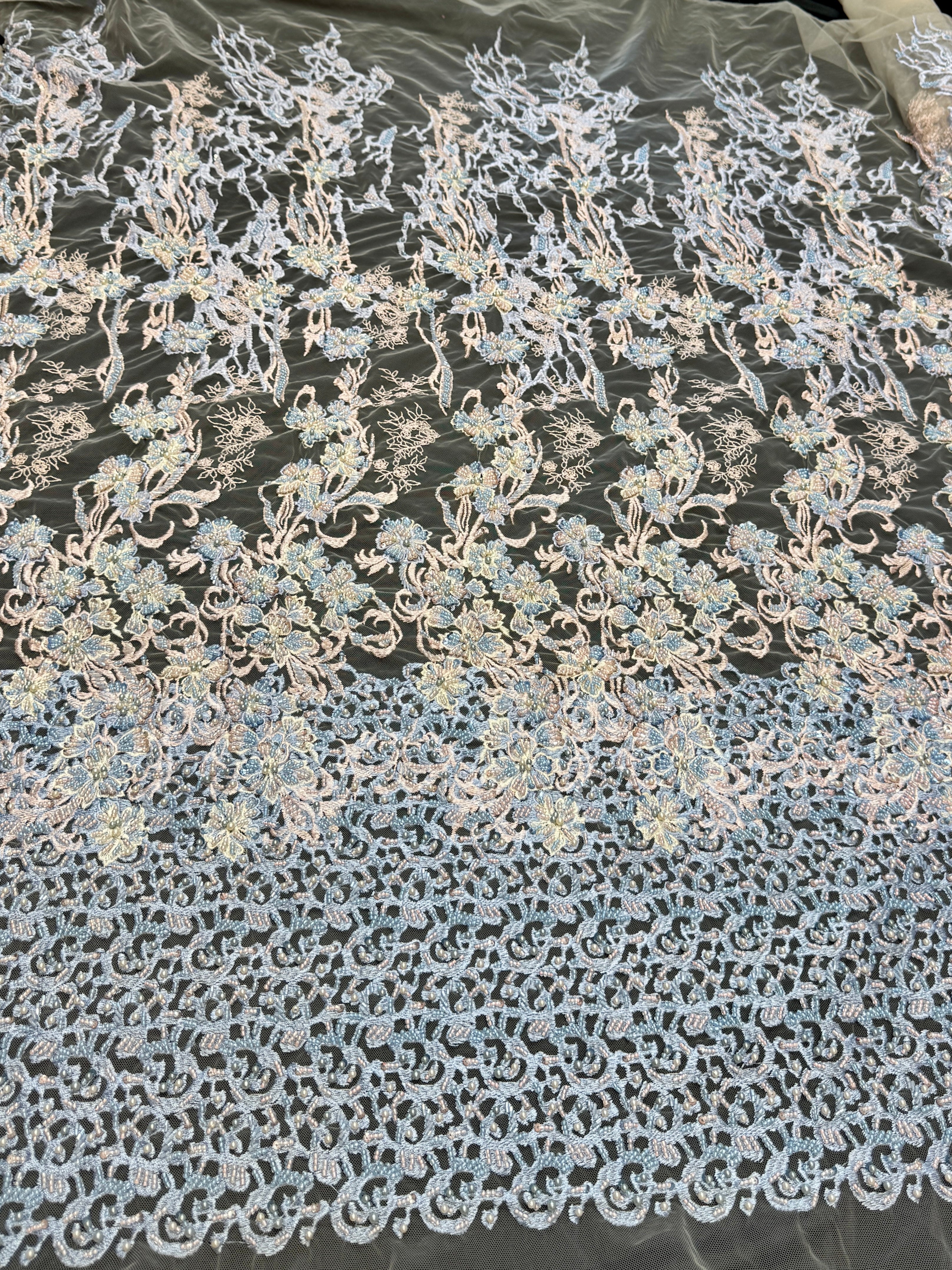 Blush-Blue Pearl Beaded Floral Embroidery Lace, Floral Embroidery Lace, Beaded Floral Lace, Pearl Lace Fabric, Embroidered Lace Fabric, Floral Lace Fabric, Beaded Lace Fabric, Embellished Lace Fabric