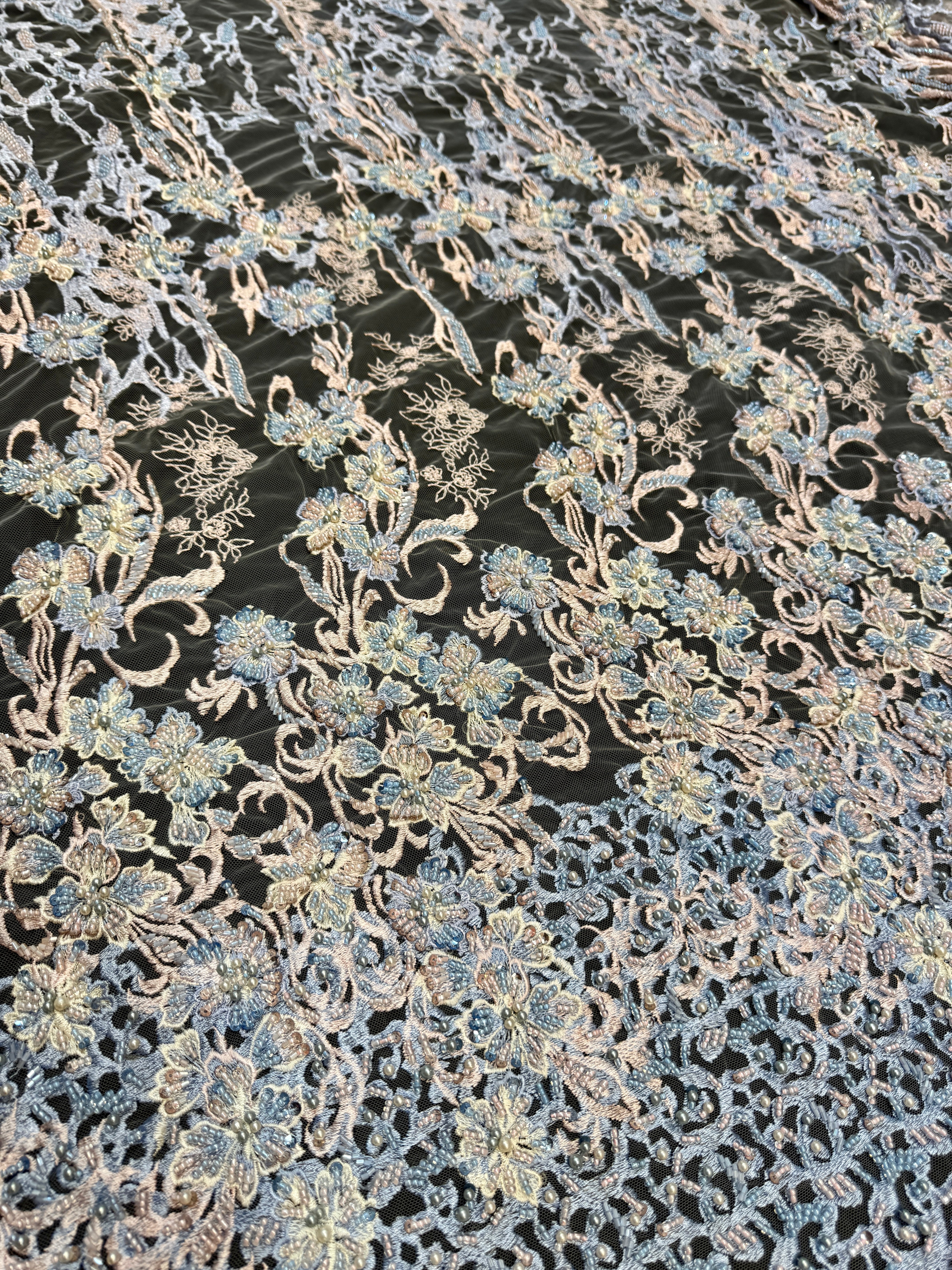 Blush-Blue Pearl Beaded Floral Embroidery Lace, Floral Embroidery Lace, Beaded Floral Lace, Pearl Lace Fabric, Embroidered Lace Fabric, Floral Lace Fabric, Beaded Lace Fabric, Embellished Lace Fabric