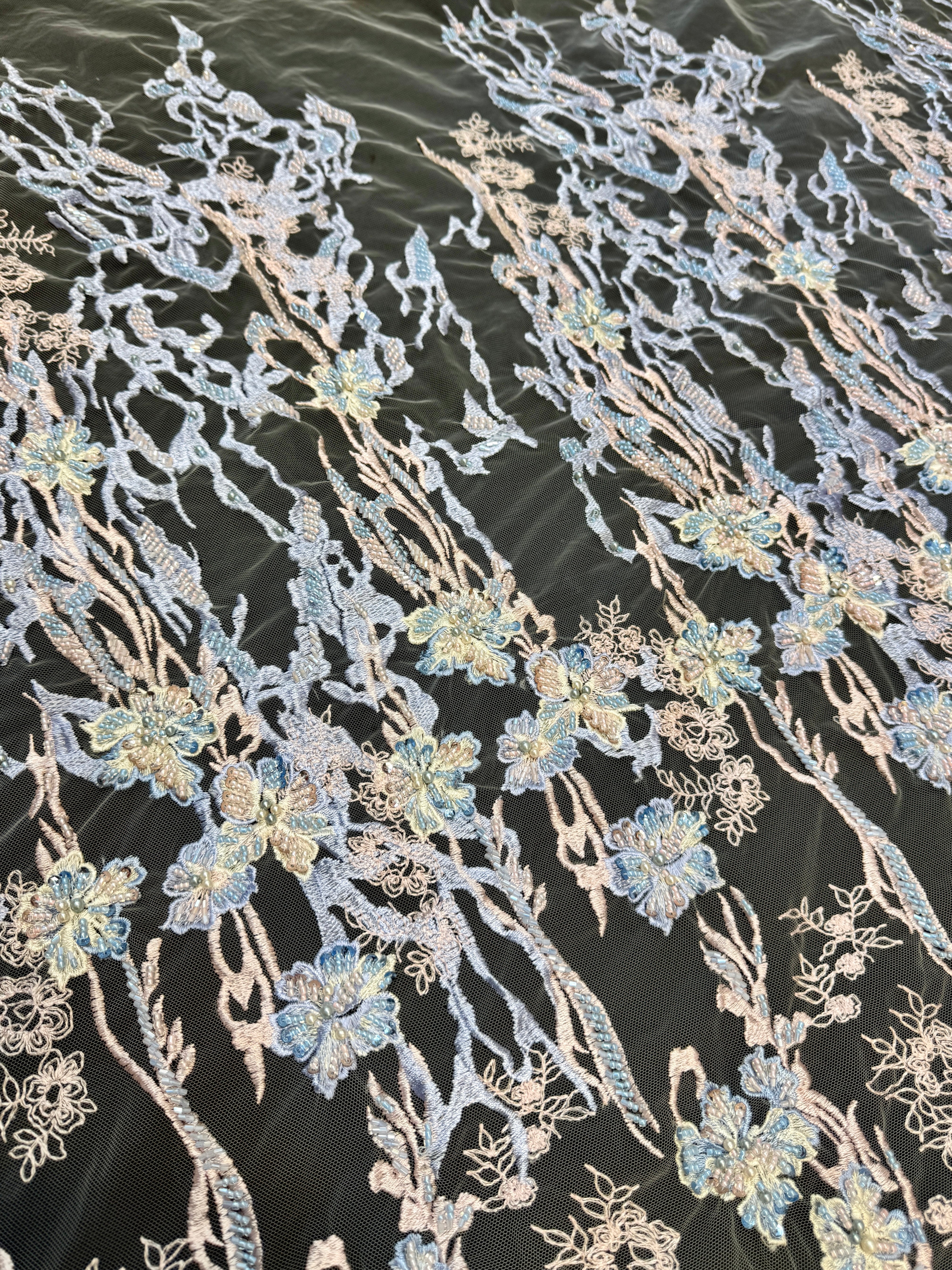 Blush-Blue Pearl Beaded Floral Embroidery Lace, Kiki Sewing Store, Luxury Fabric, Cheap Fabric Store, Kiki Textiles, Textile by the Yard, Los Angeles Fabrics