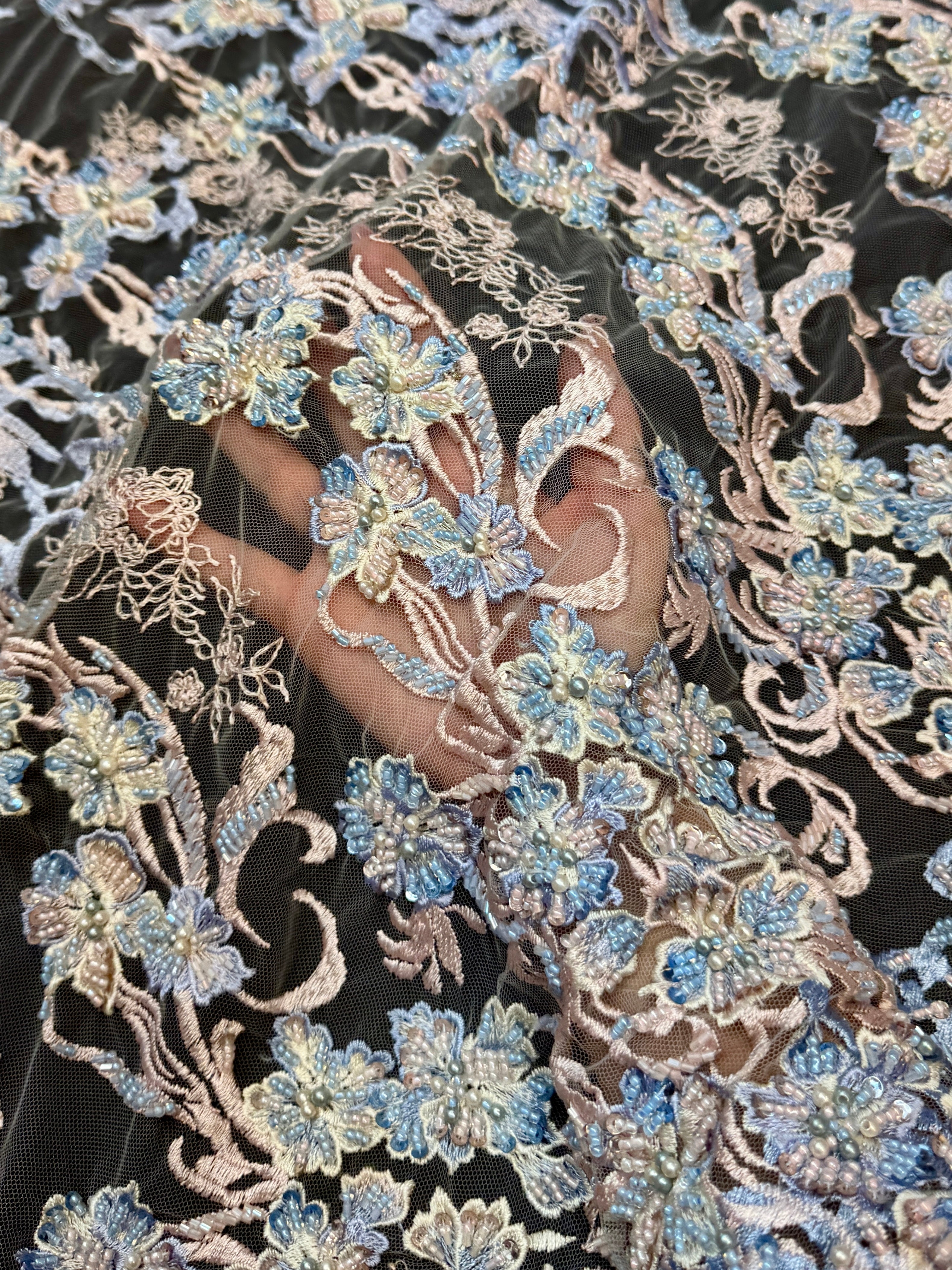 Blush-Blue Pearl Beaded Floral Embroidery Lace, Kiki Sewing Store, Luxury Fabric, Cheap Fabric Store, Kiki Textiles, Textile by the Yard, Los Angeles Fabrics