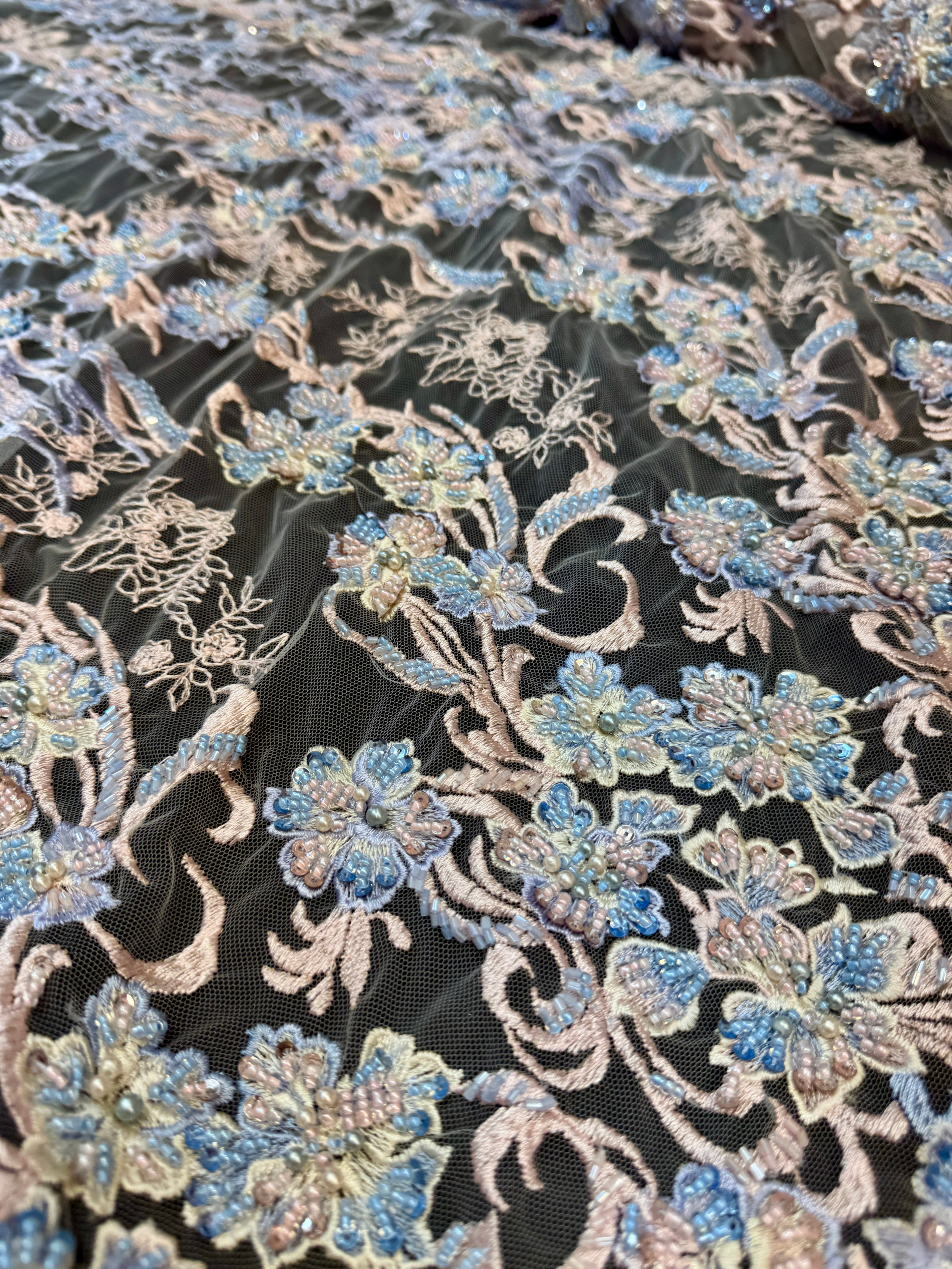 Blush-Blue Pearl Beaded Floral Embroidery Lace, Floral Embroidery Lace, Beaded Floral Lace, Pearl Lace Fabric, Embroidered Lace Fabric, Floral Lace Fabric, Beaded Lace Fabric, Embellished Lace Fabric