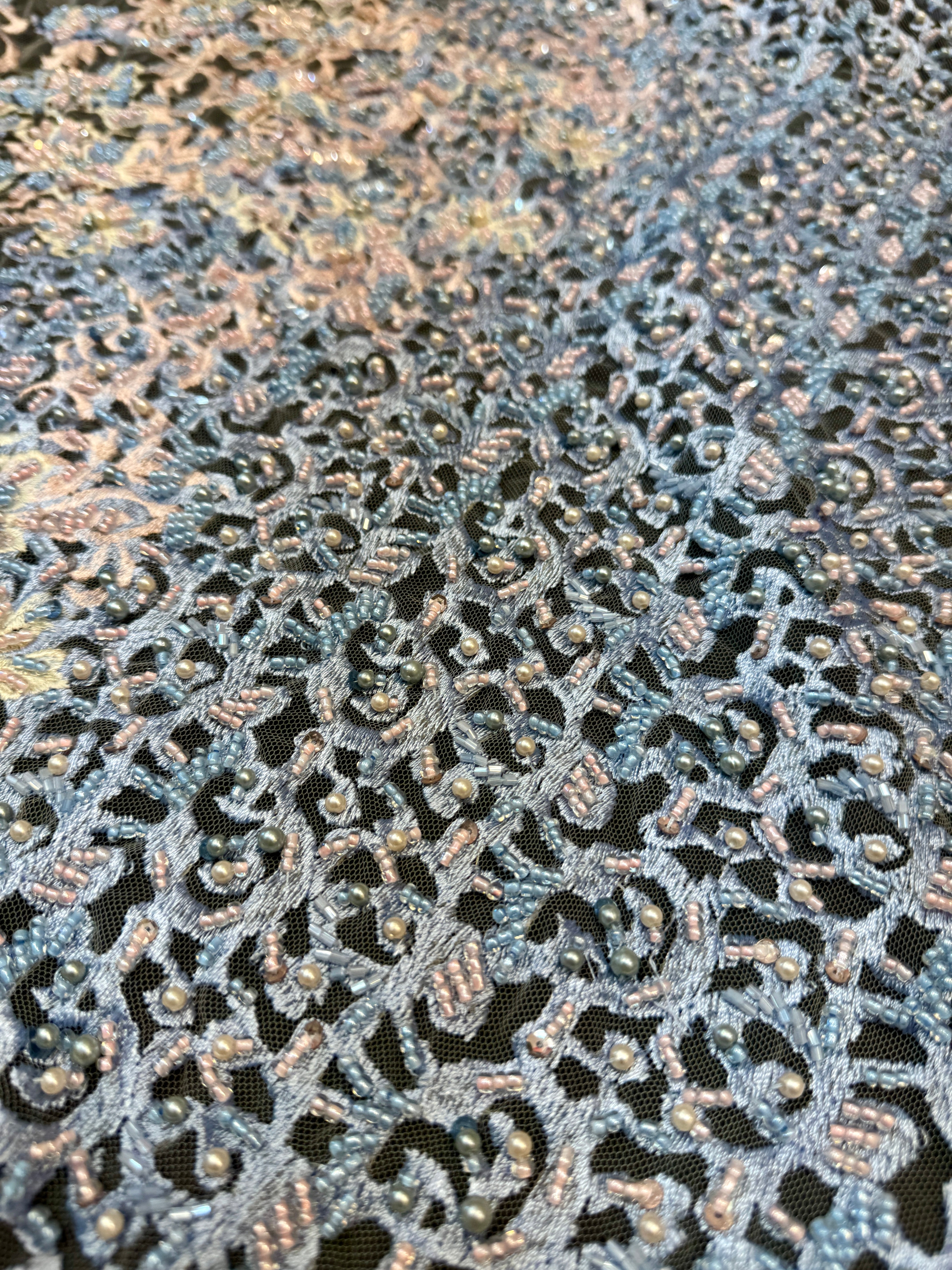 Blush-Blue Pearl Beaded Floral Embroidery Lace, Kiki Sewing Store, Luxury Fabric, Cheap Fabric Store, Kiki Textiles, Textile by the Yard, Los Angeles Fabrics