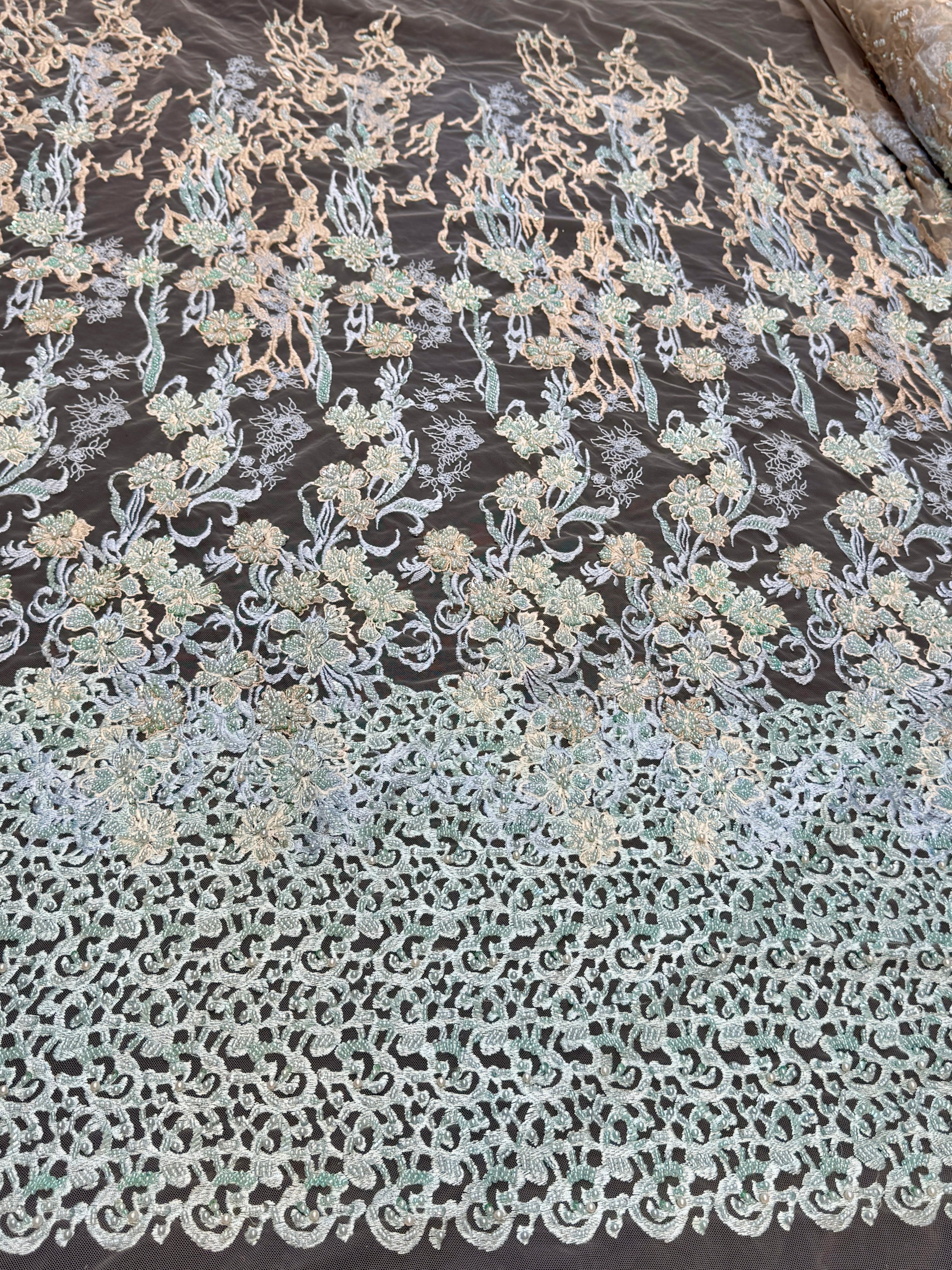 Blush-Mint Pearl Beaded Floral Embroidery Lace, Floral Embroidery Lace, Beaded Floral Lace, Pearl Lace Fabric, Embroidered Lace Fabric, Floral Lace Fabric, Beaded Lace Fabric, Embellished Lace Fabric