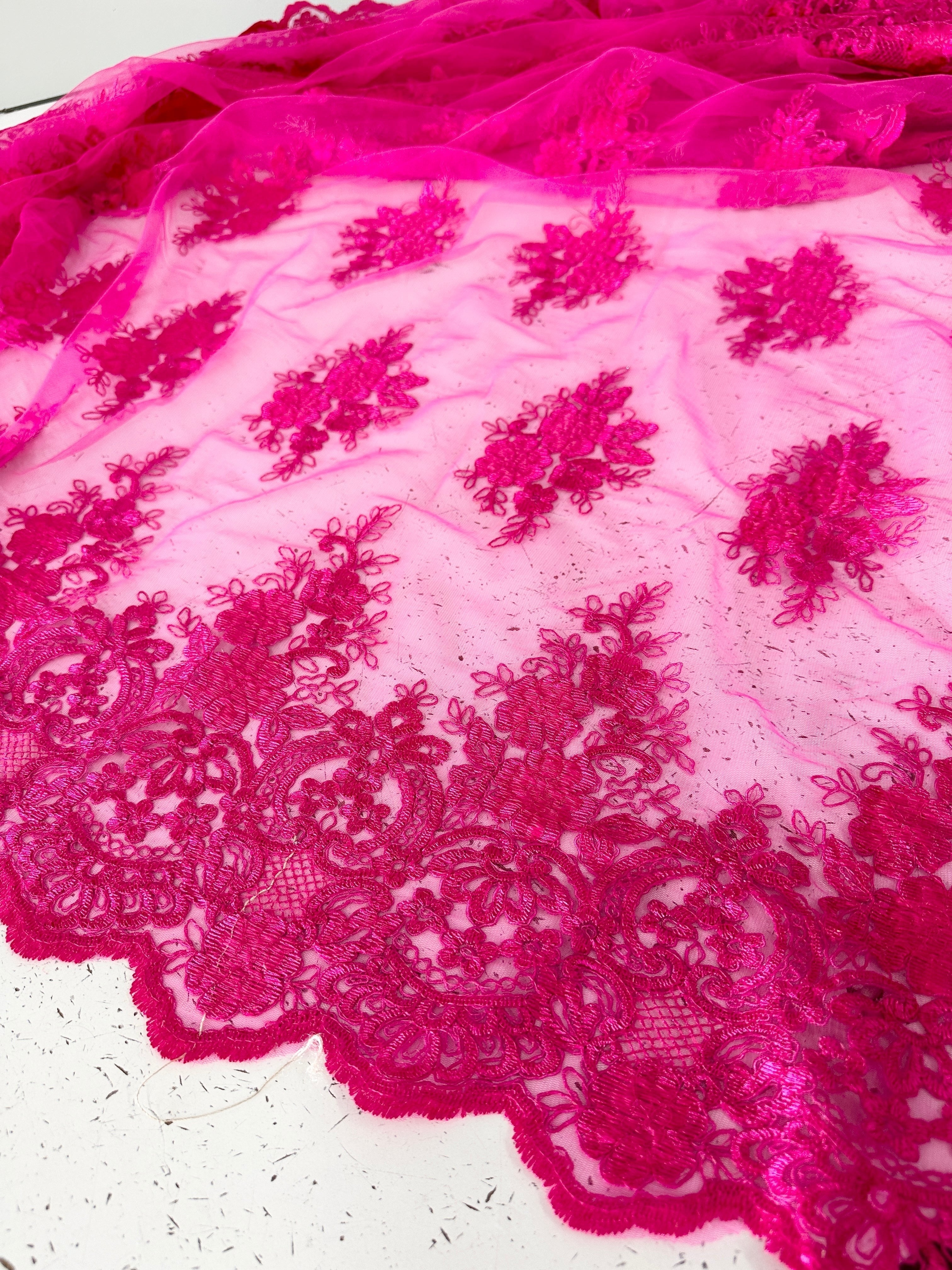 Fuchsia Embroidered Lace, pink Lace, dark pink lace, lace for woman, lace for bride, lace on discount, lace on sale, premium lace, kiki textile lace, lace for party wear dresses