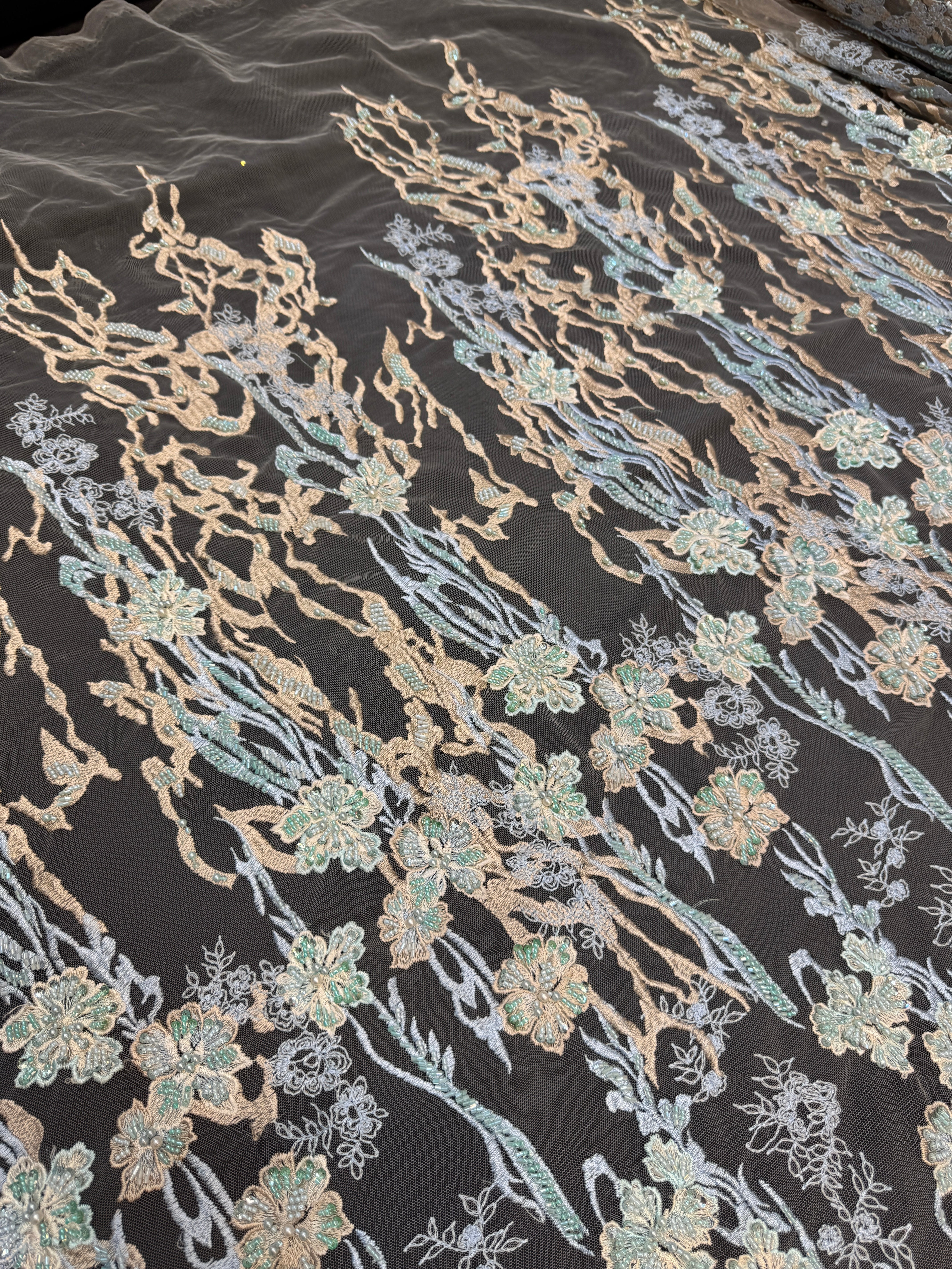 Blush-Mint Pearl Beaded Floral Embroidery Lace, Kiki Sewing Store, Luxury Fabric, Cheap Fabric Store, Kiki Textiles, Textile by the Yard, Los Angeles Fabrics