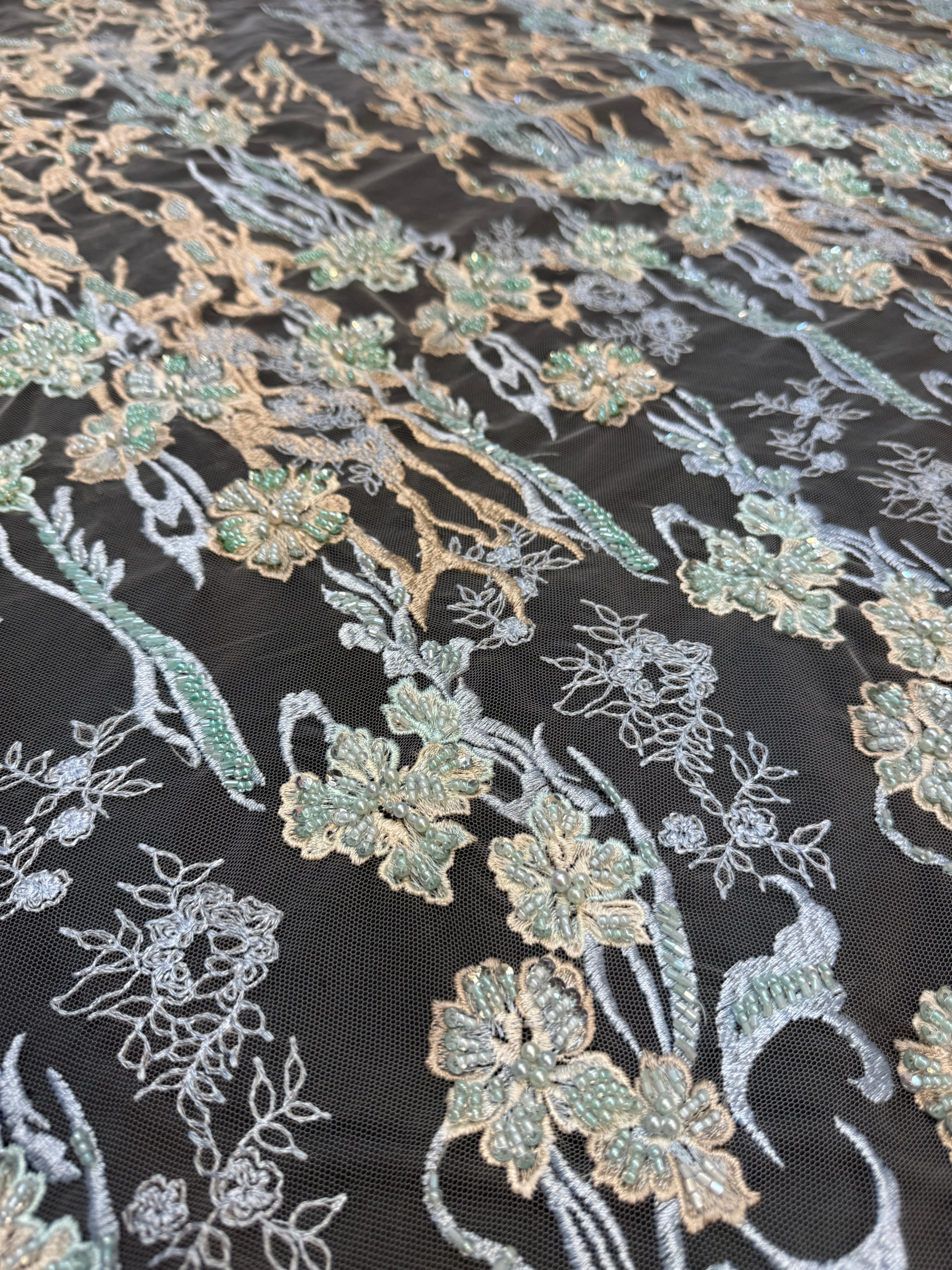 Blush-Mint Pearl Beaded Floral Embroidery Lace, Floral Embroidery Lace, Beaded Floral Lace, Pearl Lace Fabric, Embroidered Lace Fabric, Floral Lace Fabric, Beaded Lace Fabric, Embellished Lace Fabric